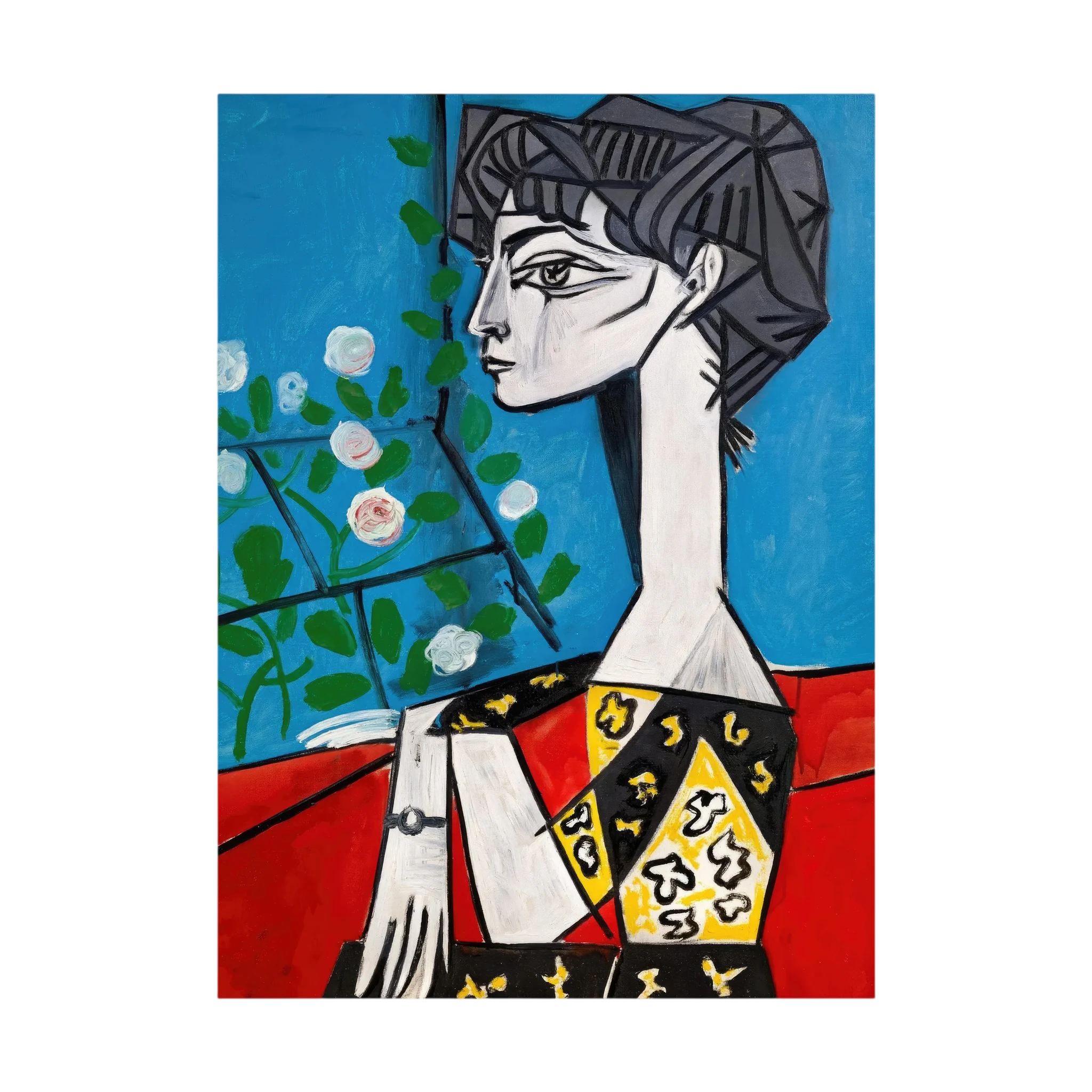 Colourful geometric female portrait built from red, orange, teal, black and cream shapes.