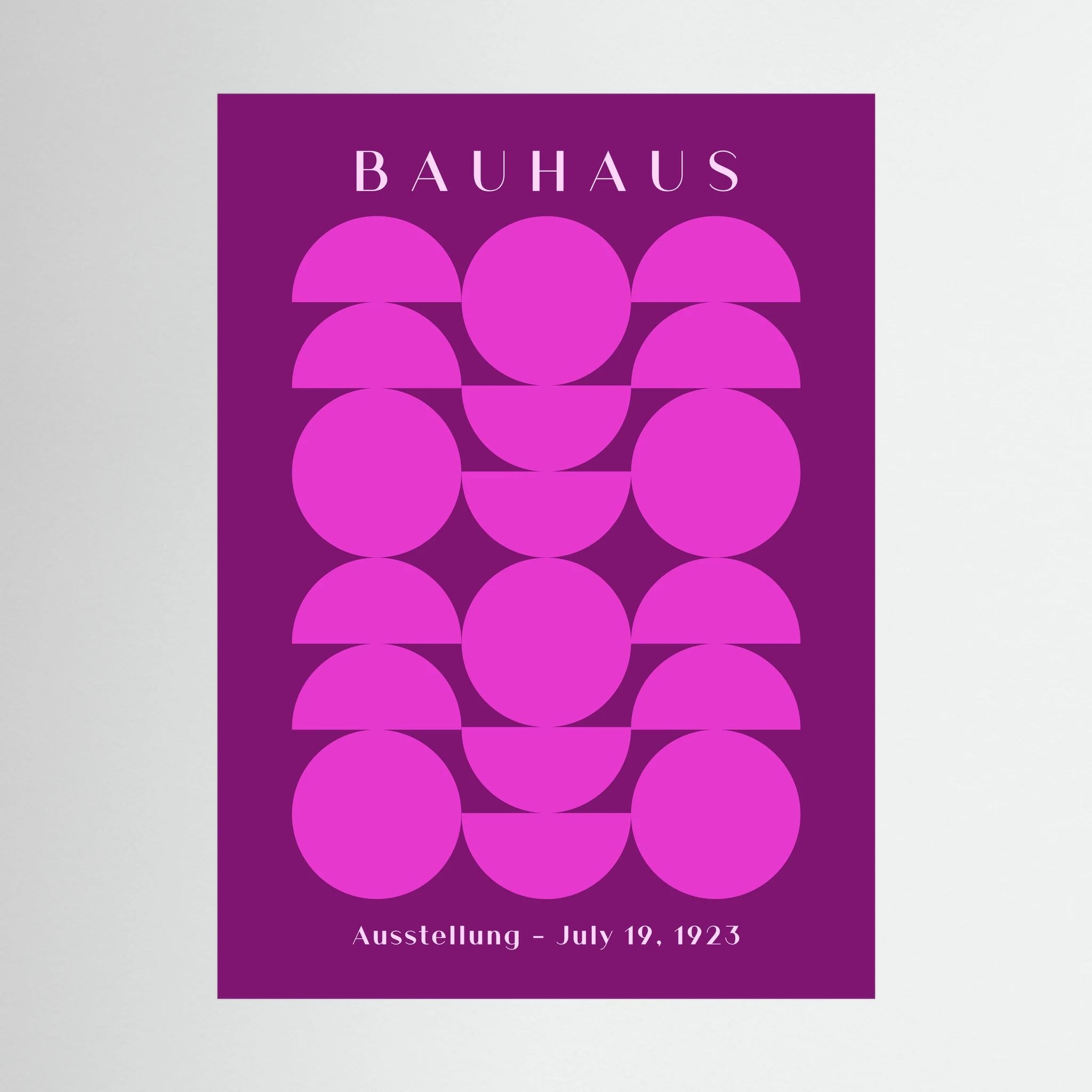 Purple Bauhaus poster with repeated pink circles and semicircles.