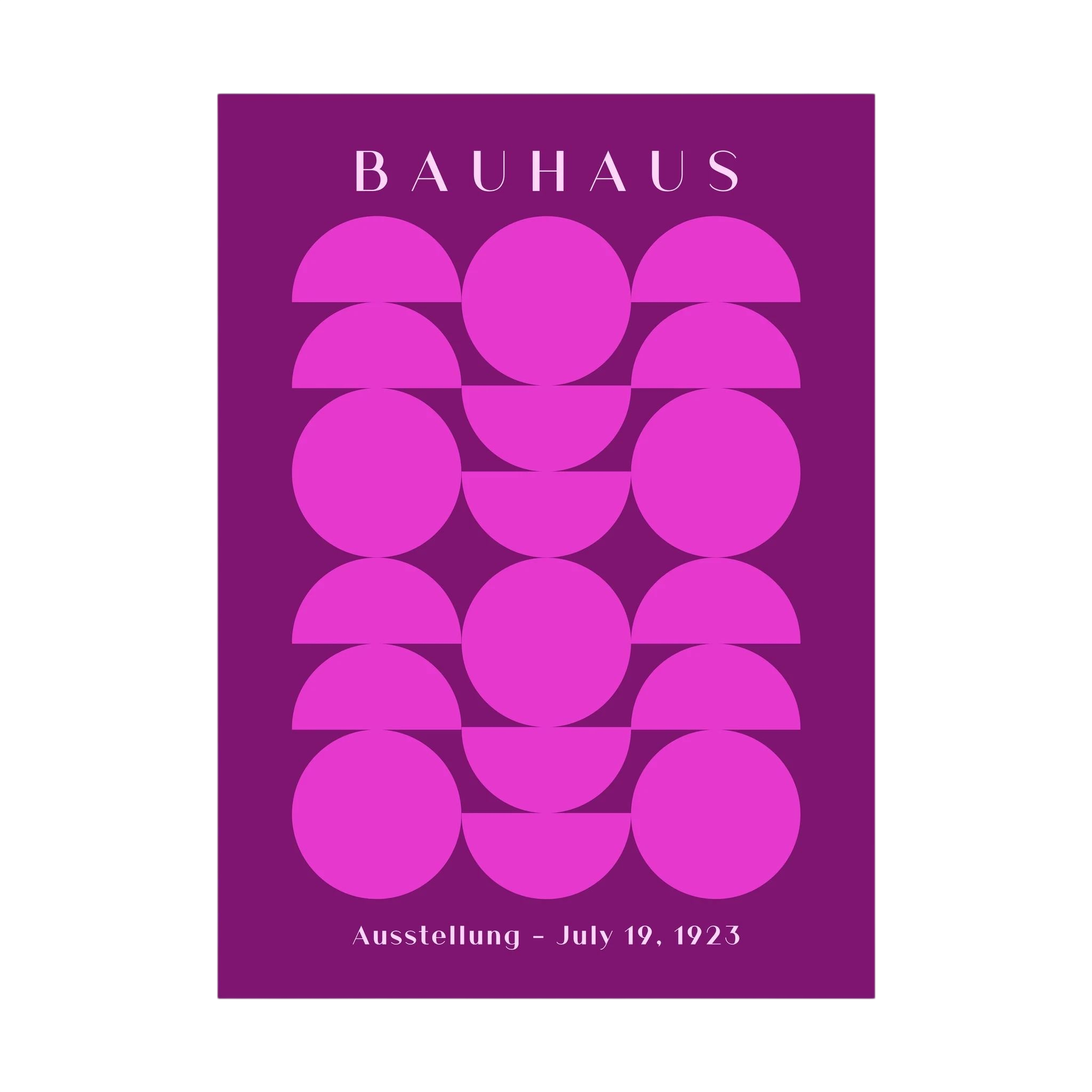 Purple Bauhaus poster with repeated pink circles and semicircles.