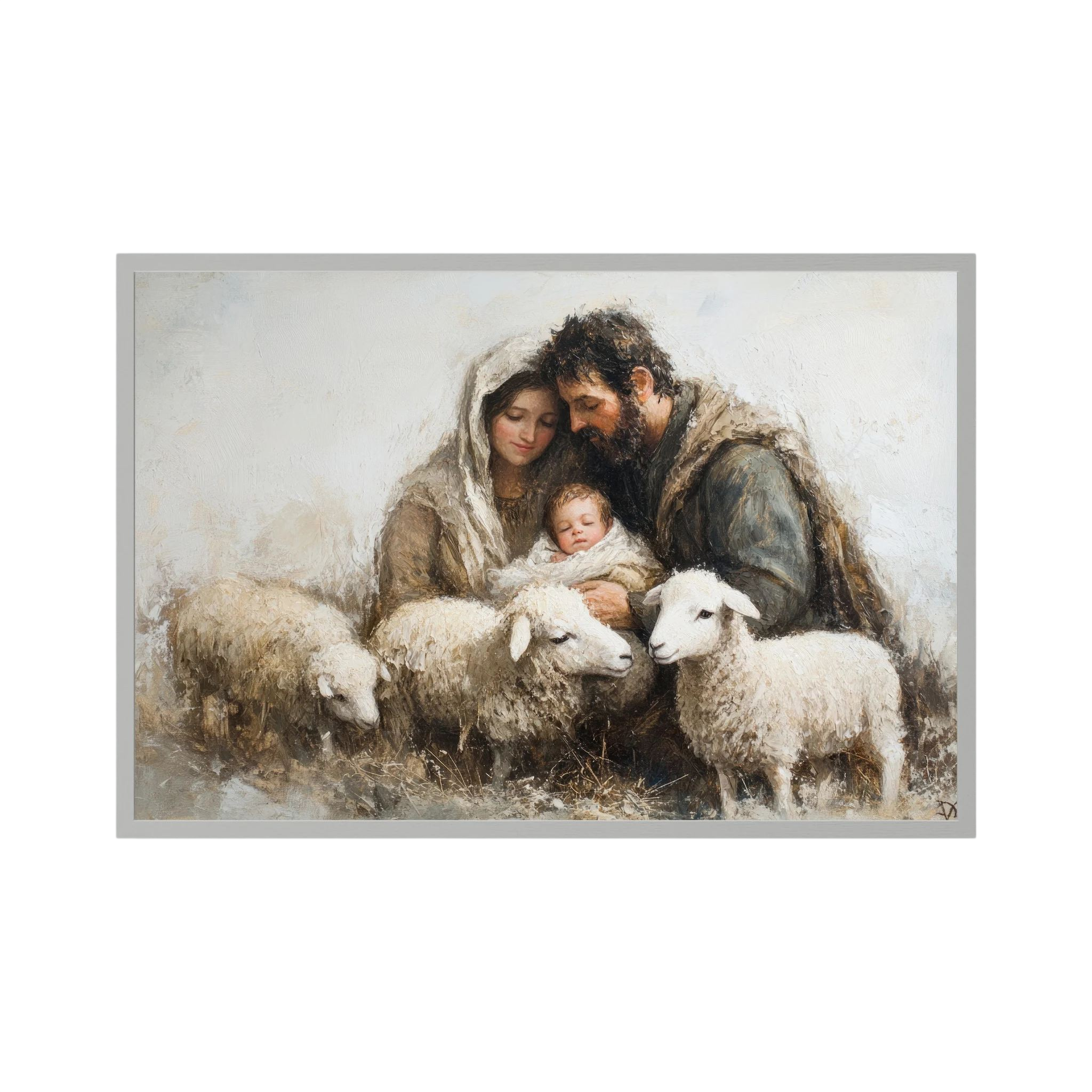 Softly painted family cradles a sleeping baby among white lambs in a quiet neutral landscape, shown in product view 2.