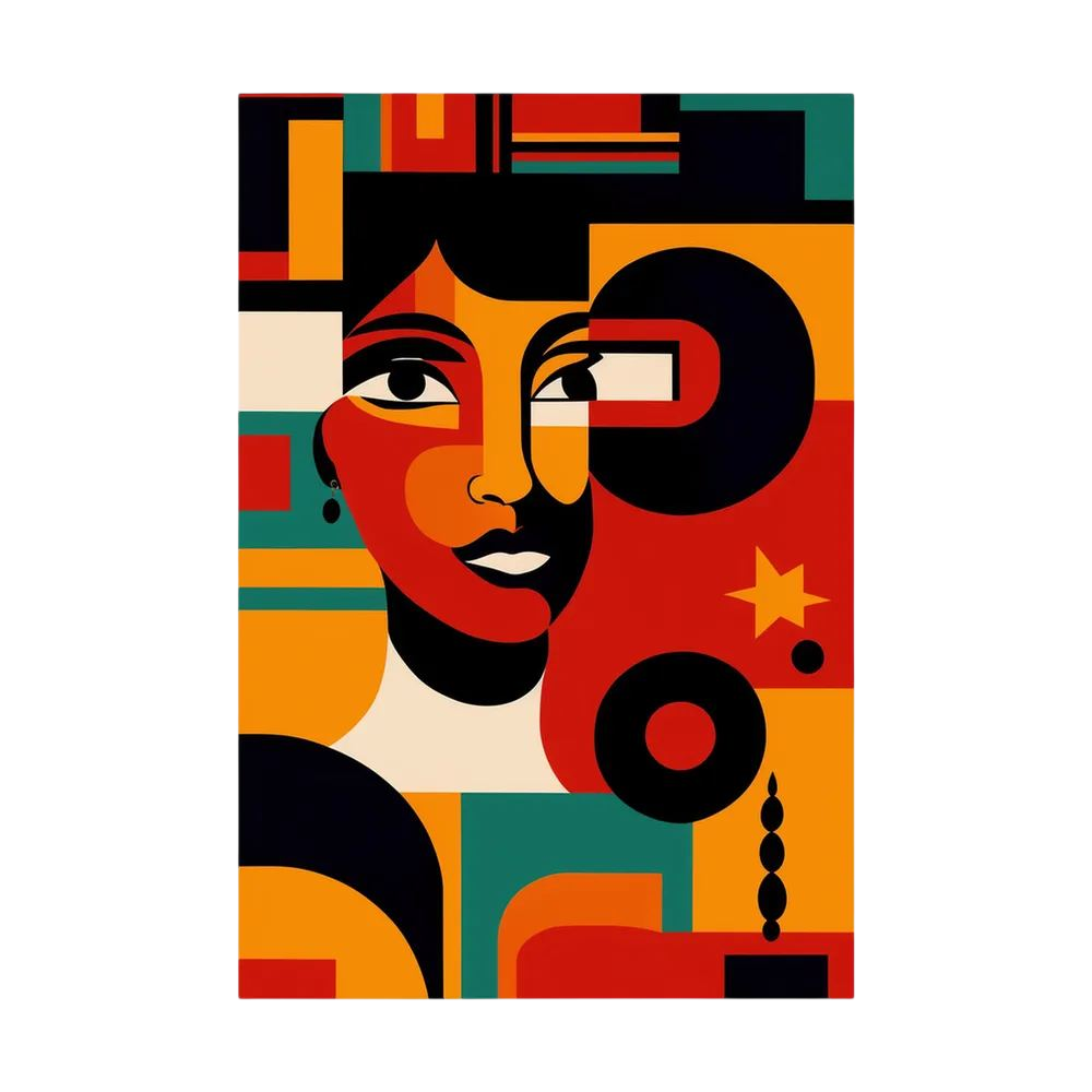 Cubist-inspired seated woman in a patterned dress set against a blue wall and delicate white flowers.