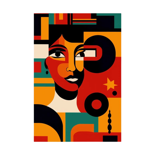 Cubist-inspired seated woman in a patterned dress set against a blue wall and delicate white flowers.