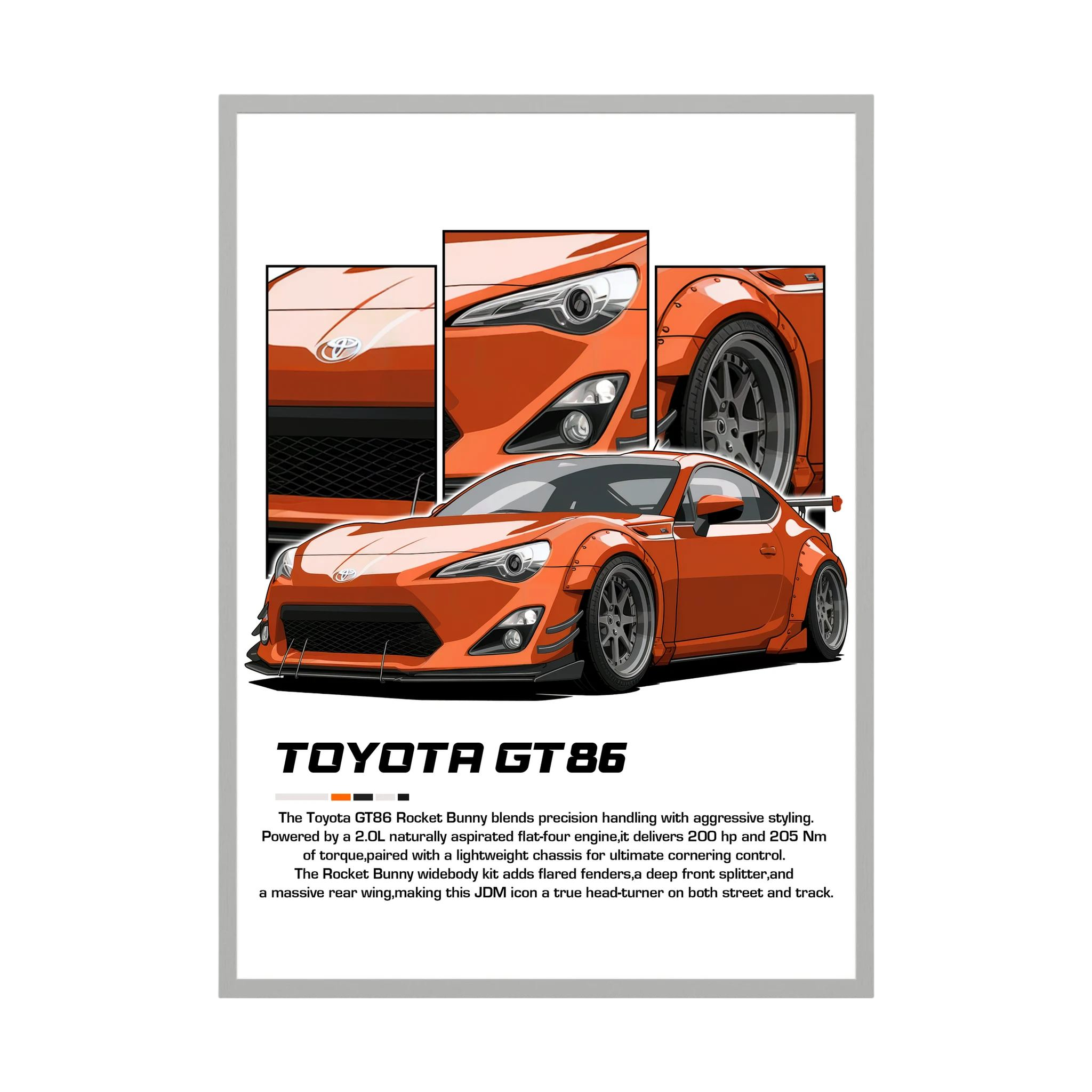 Orange Toyota GT86 illustration with close-up headlight, wheel and bodywork panels.