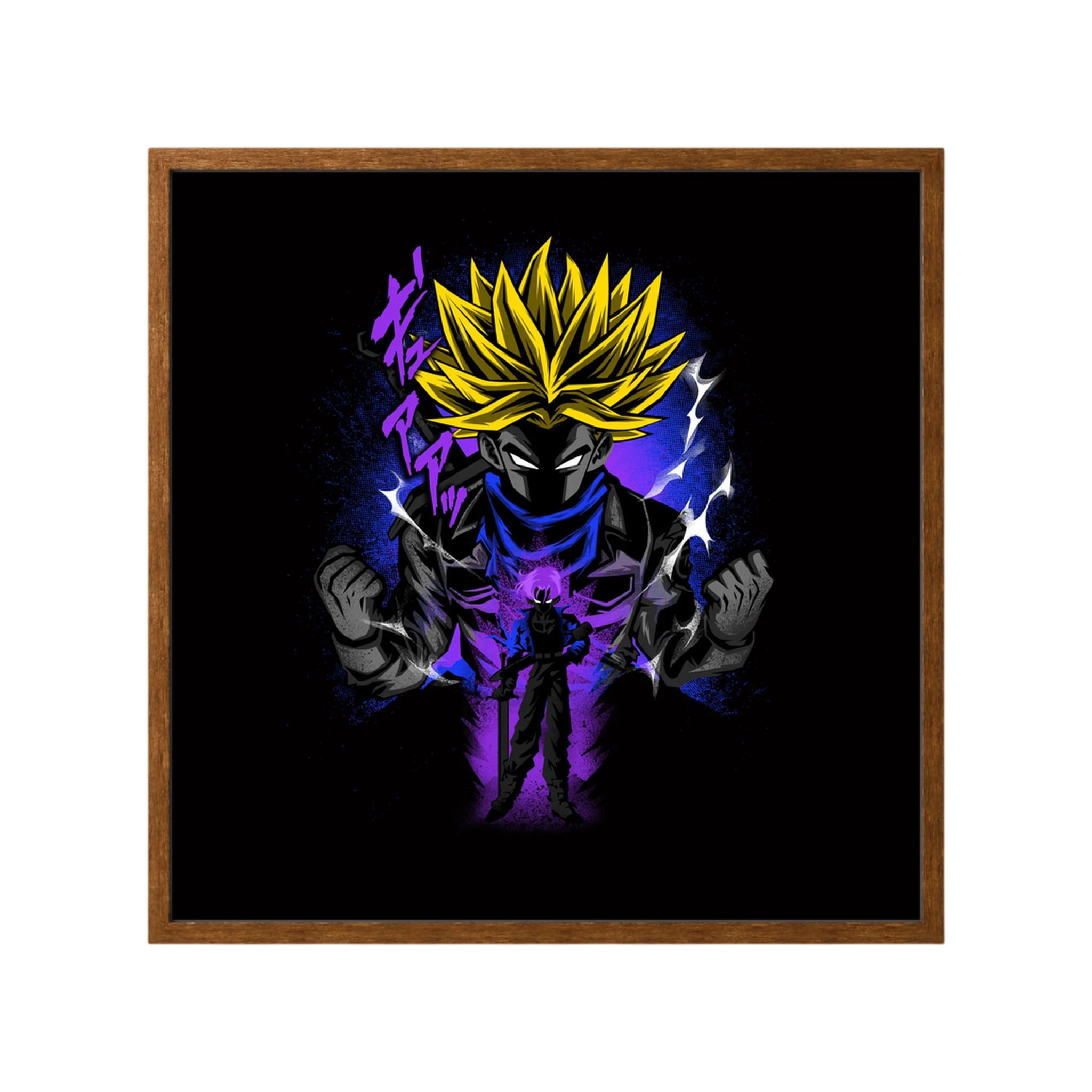 Spiky yellow-haired anime warrior powers up amid purple energy and white lightning on black, shown in product view 3.