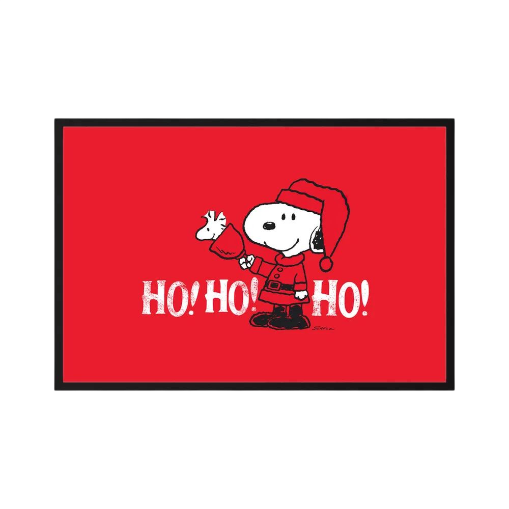 Cartoon beagle in a Santa outfit holds a small bird above distressed white ho ho ho lettering on red, shown in product view 4.