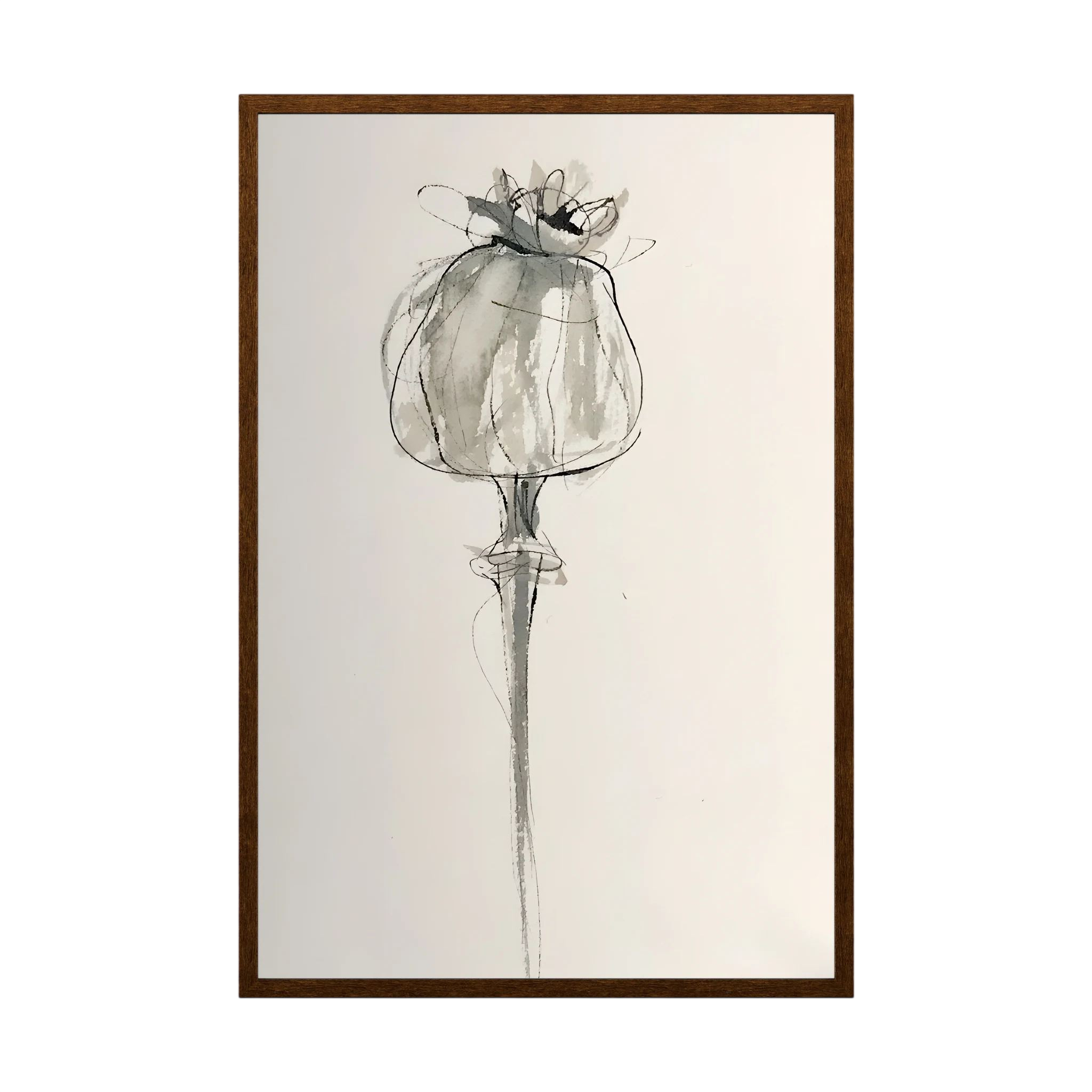 Delicate grey and black ink drawing of a poppy seed head on a warm cream background, shown in product view 2.