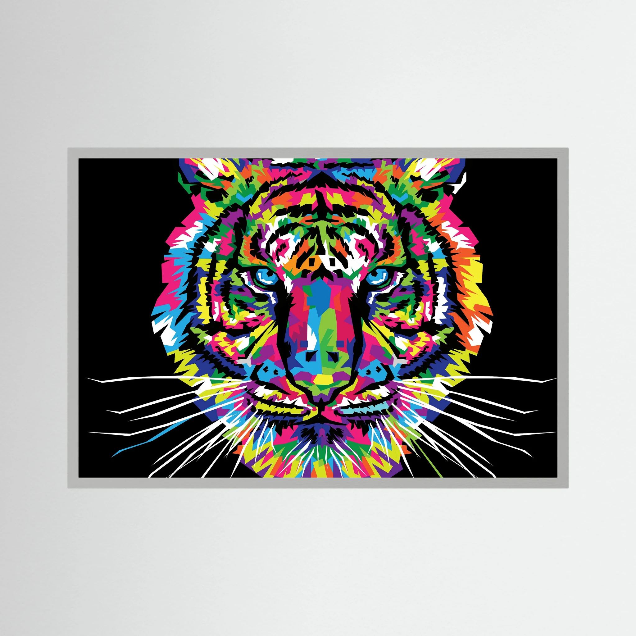 Colourful neon pop art tiger face against a black background.