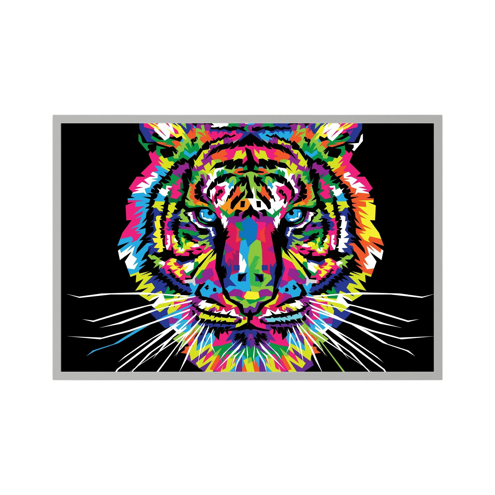 Colourful neon pop art tiger face against a black background.
