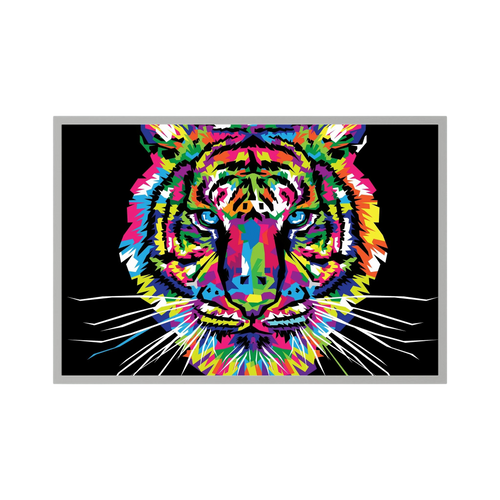 Colourful neon pop art tiger face against a black background.