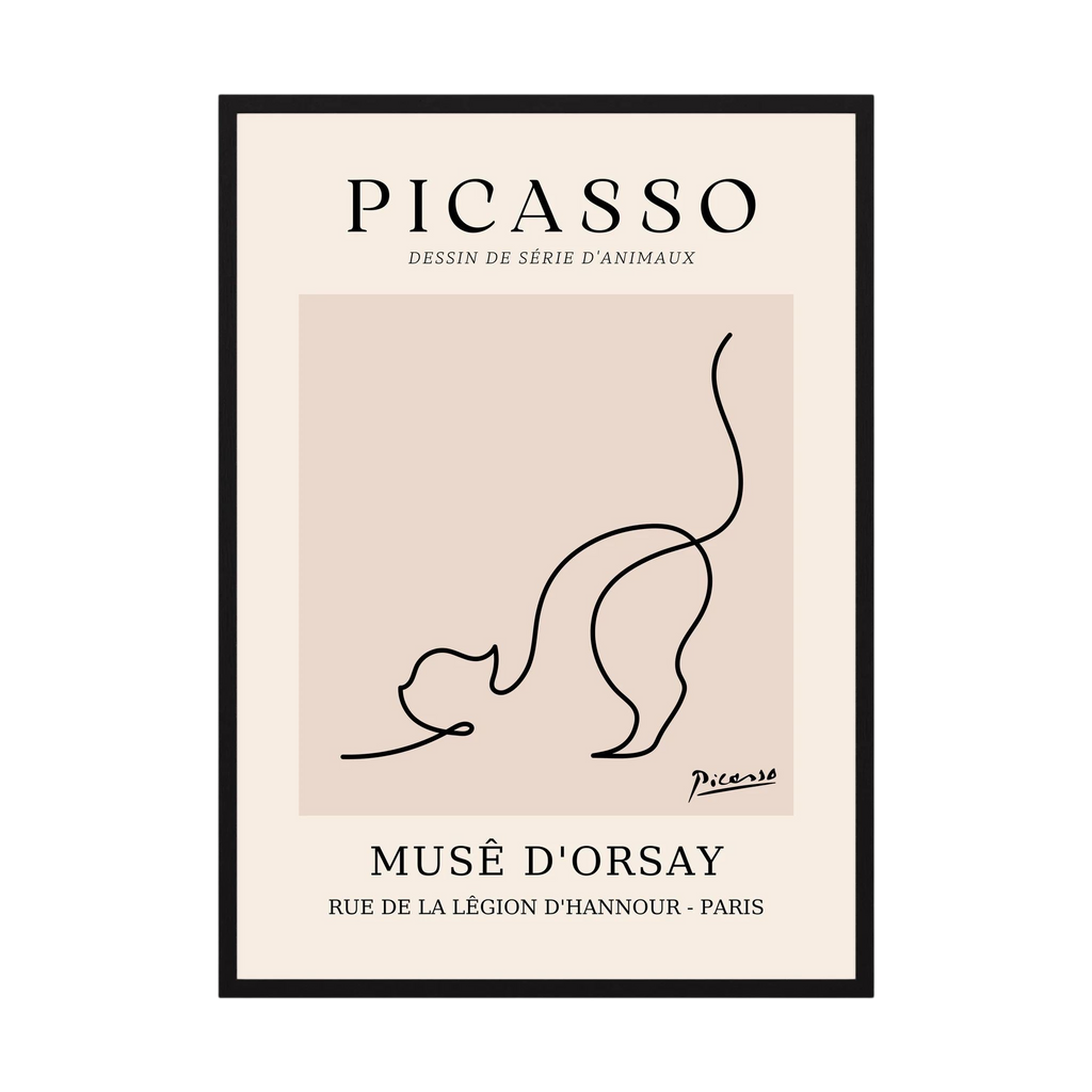 Single black line sketches a curious cat with raised tail in a warm beige museum-style poster, shown in product view 5.