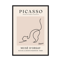 Single black line sketches a curious cat with raised tail in a warm beige museum-style poster, shown in product view 5.