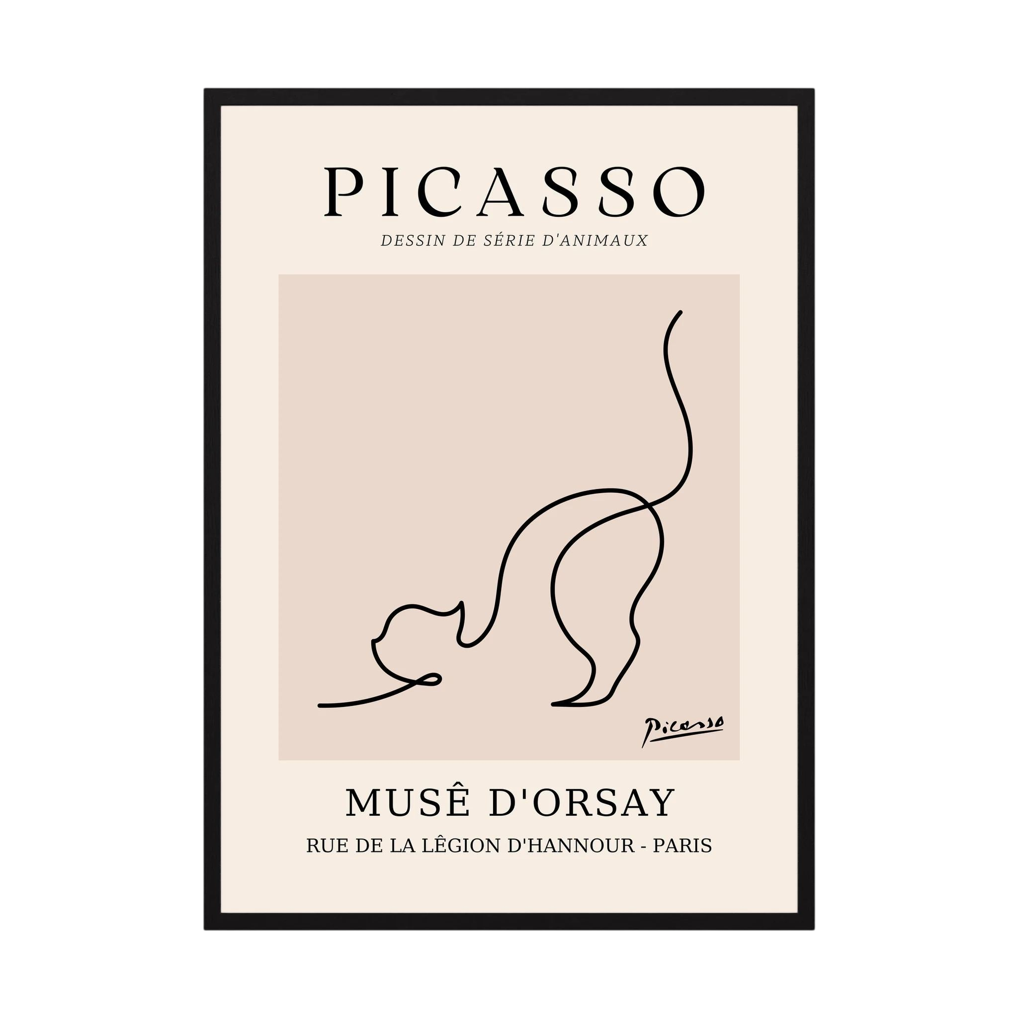 Single black line sketches a curious cat with raised tail in a warm beige museum-style poster, shown in product view 5.