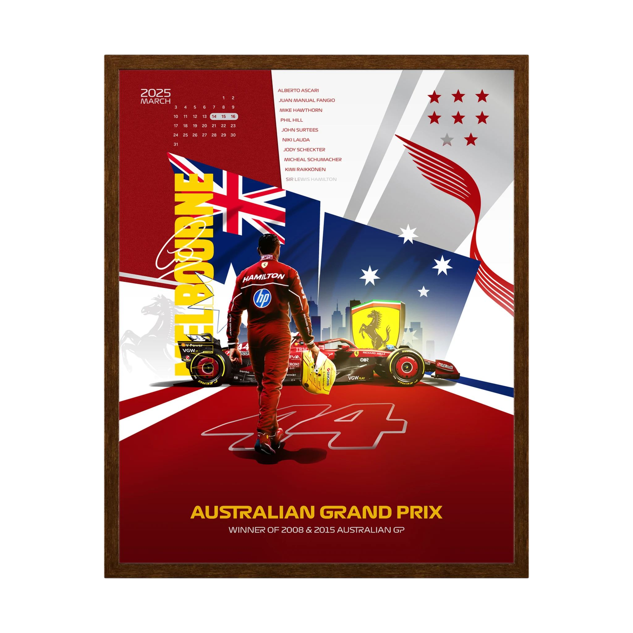 Red Formula One racing poster with driver, car and Australian flag graphics.