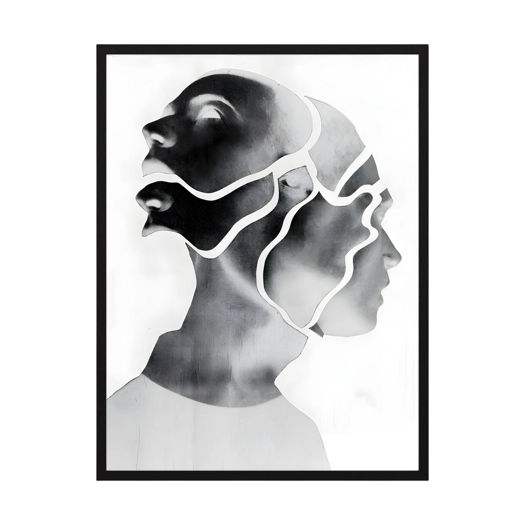 Overlapping female profiles in black, grey and white create a layered contemporary portrait, shown in product view 2.