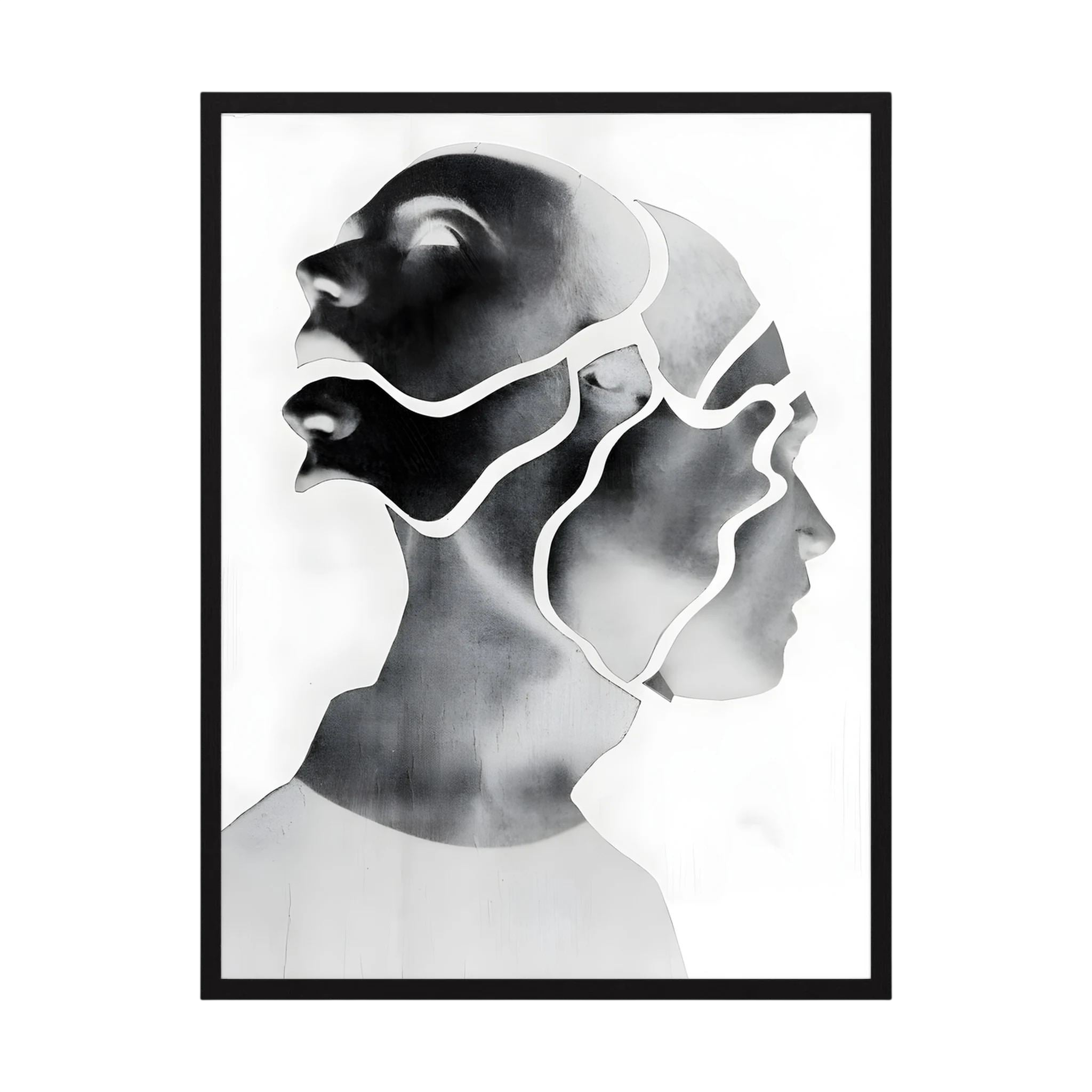 Overlapping female profiles in black, grey and white create a layered contemporary portrait, shown in product view 2.
