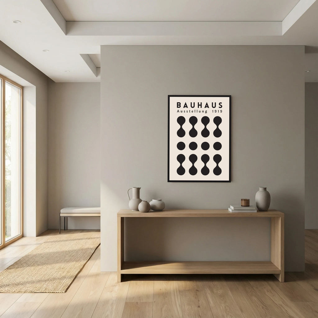 Black Bauhaus poster with repeating circles and hourglass geometric forms on cream.