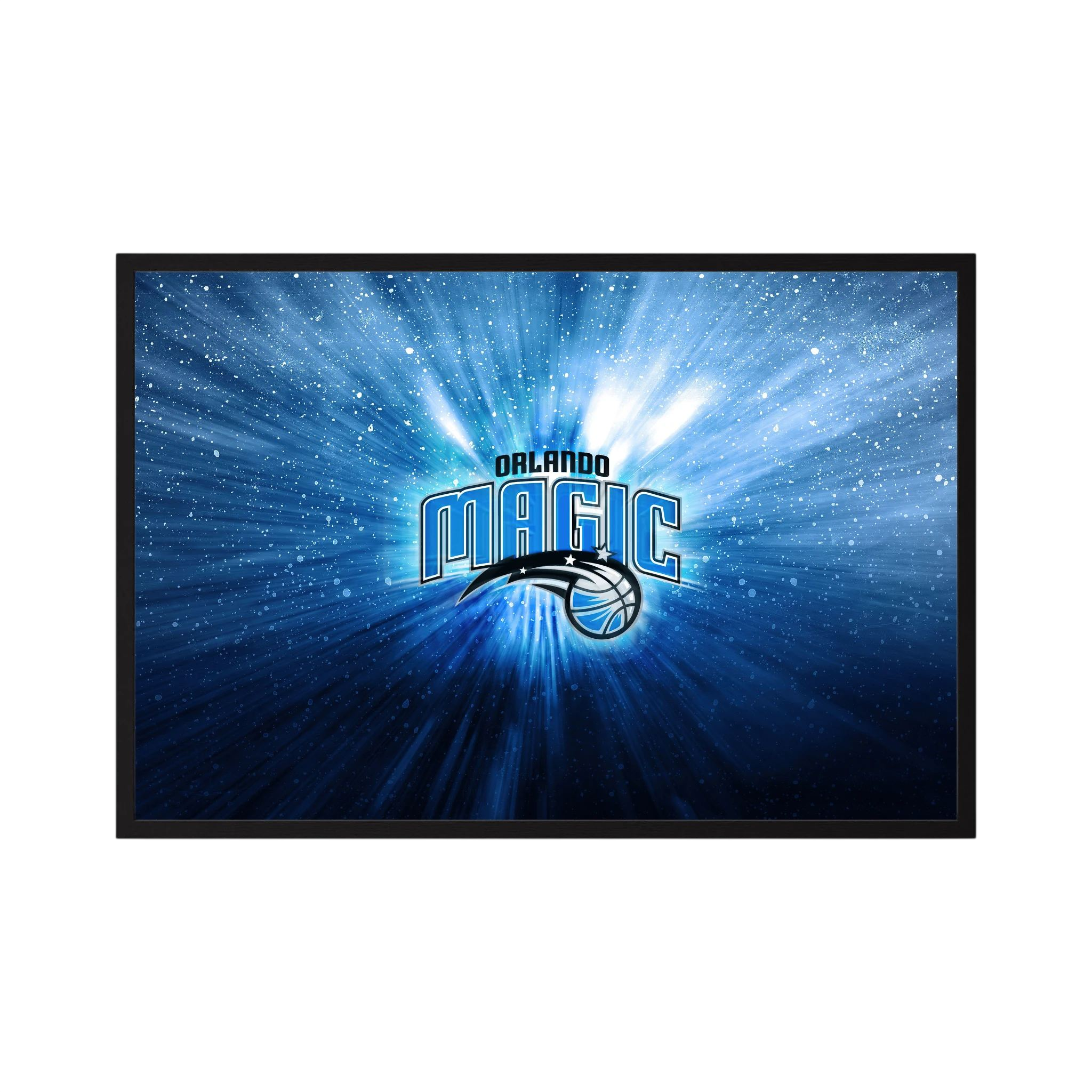 Orlando Magic basketball logo glows amid blue radial light and sparkling white particles, shown in product view 4.