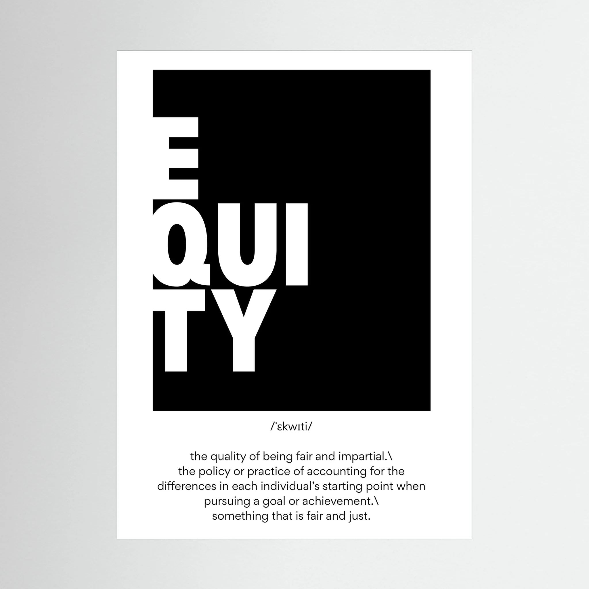 Black and white typographic definition print spelling equity in a bold modern layout.