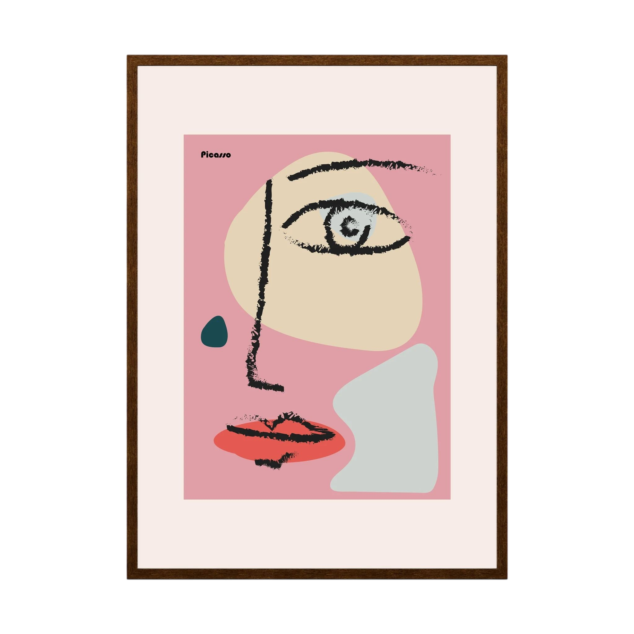 Black brush lines define one eye and red lips against blush pink, cream, pale blue and teal shapes, shown in product view 4.