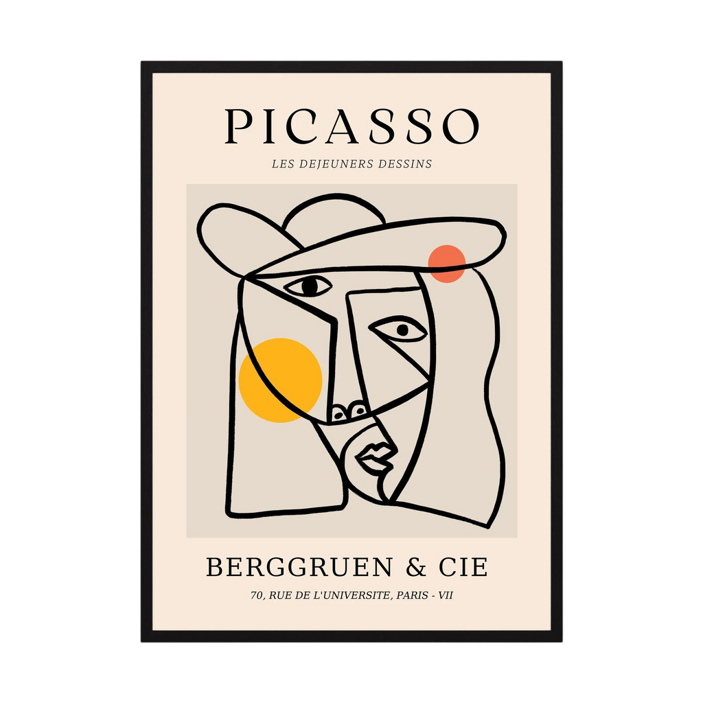 Cubist face drawn in strong black lines with yellow and orange circles on a neutral exhibition-style poster, shown in product view 3.