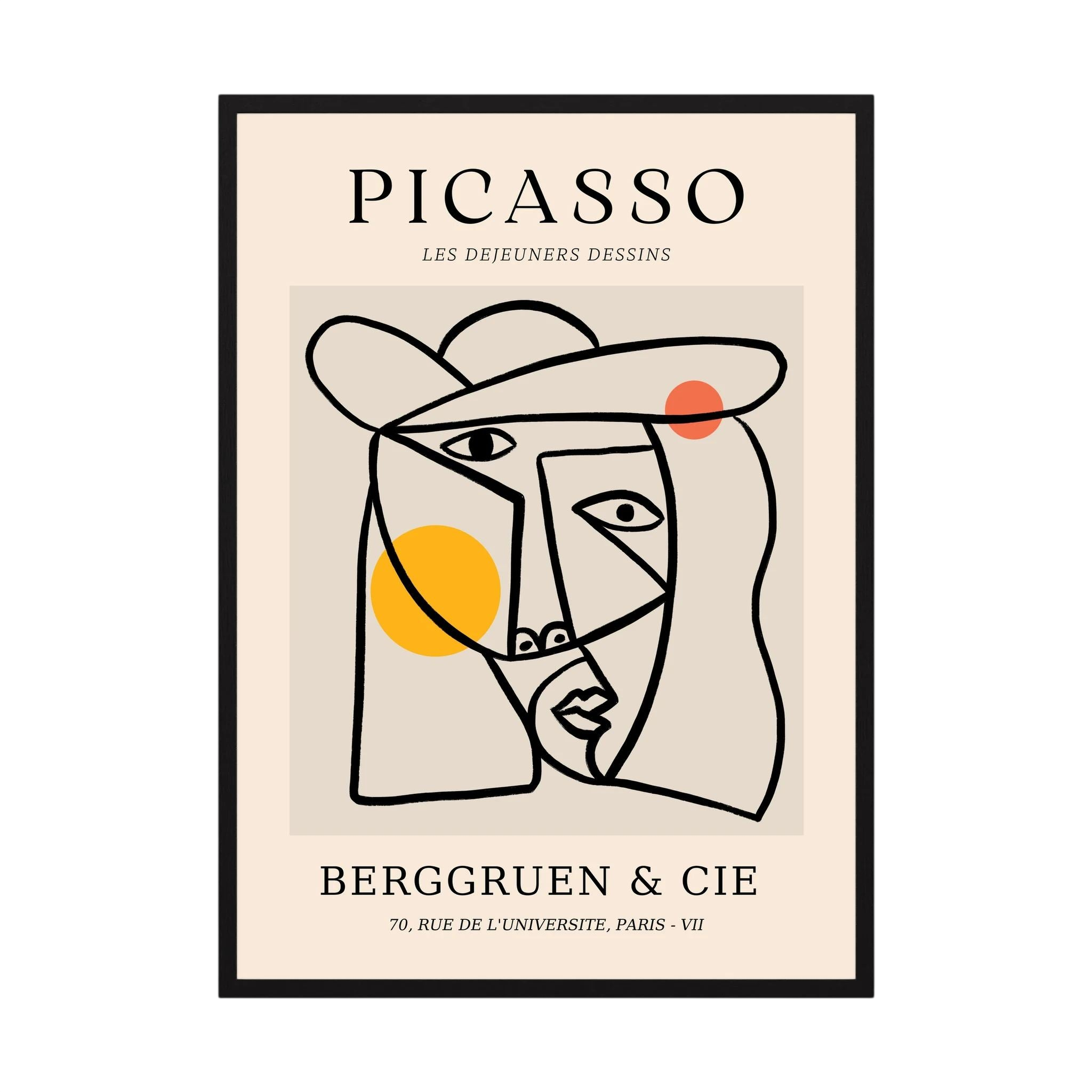 Cubist face drawn in strong black lines with yellow and orange circles on a neutral exhibition-style poster, shown in product view 3.