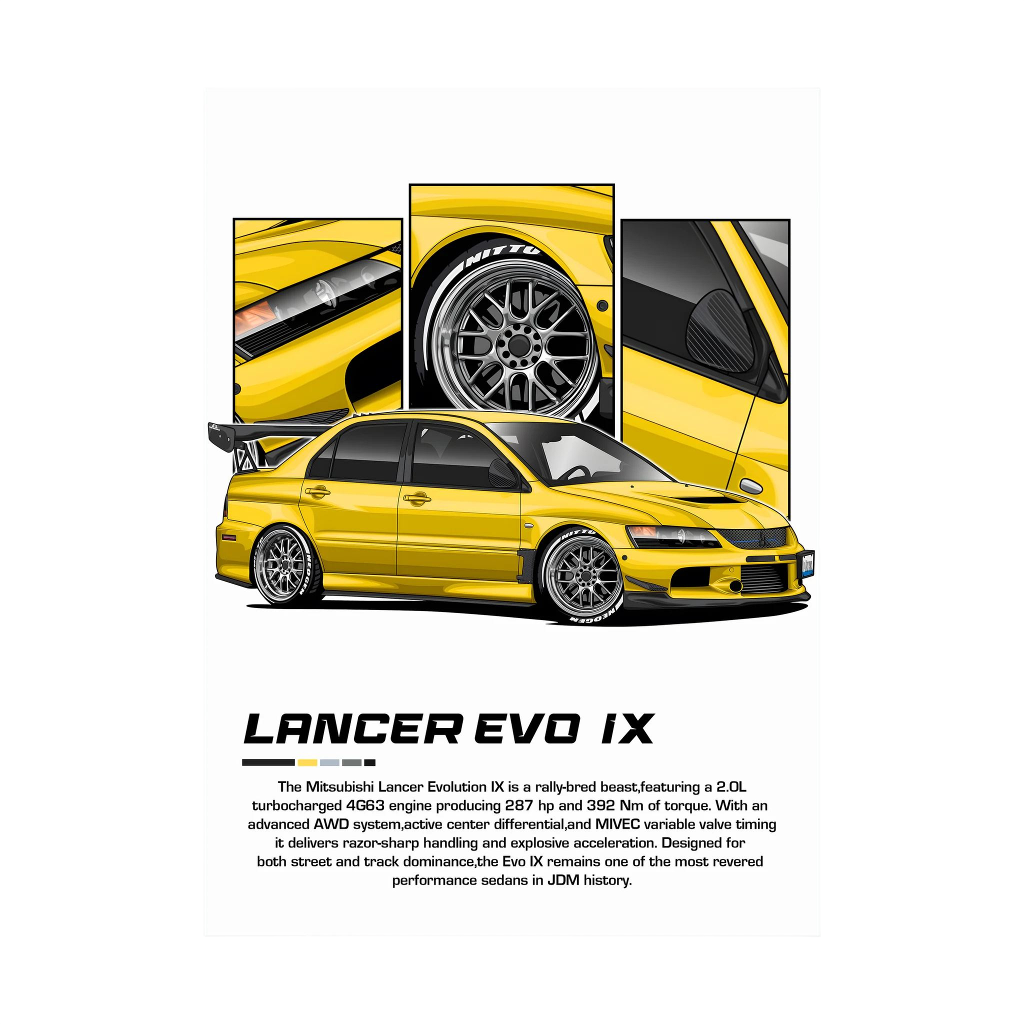 Yellow Mitsubishi Lancer Evolution IX illustration with close-up wheel and body panels.