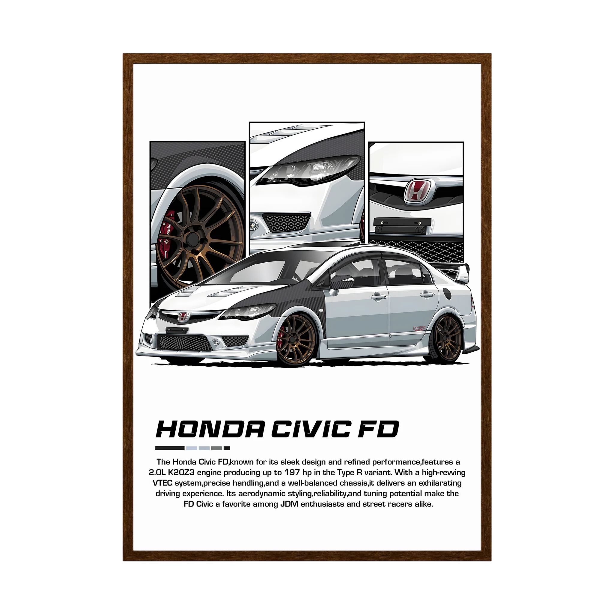 White Honda Civic FD illustration with bronze wheels and close-up body panels.