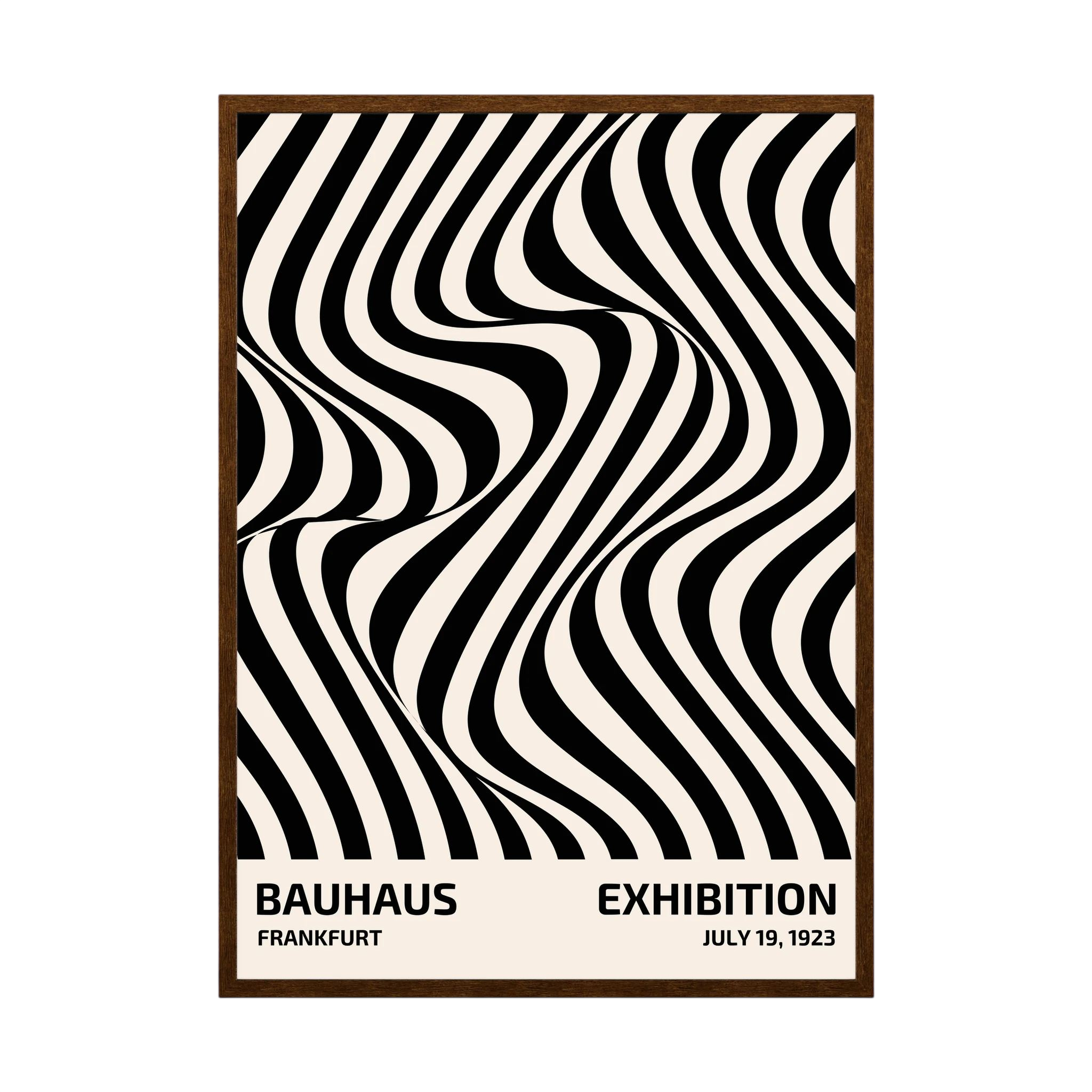 Black and white striped optical pattern flowing in curved waves.
