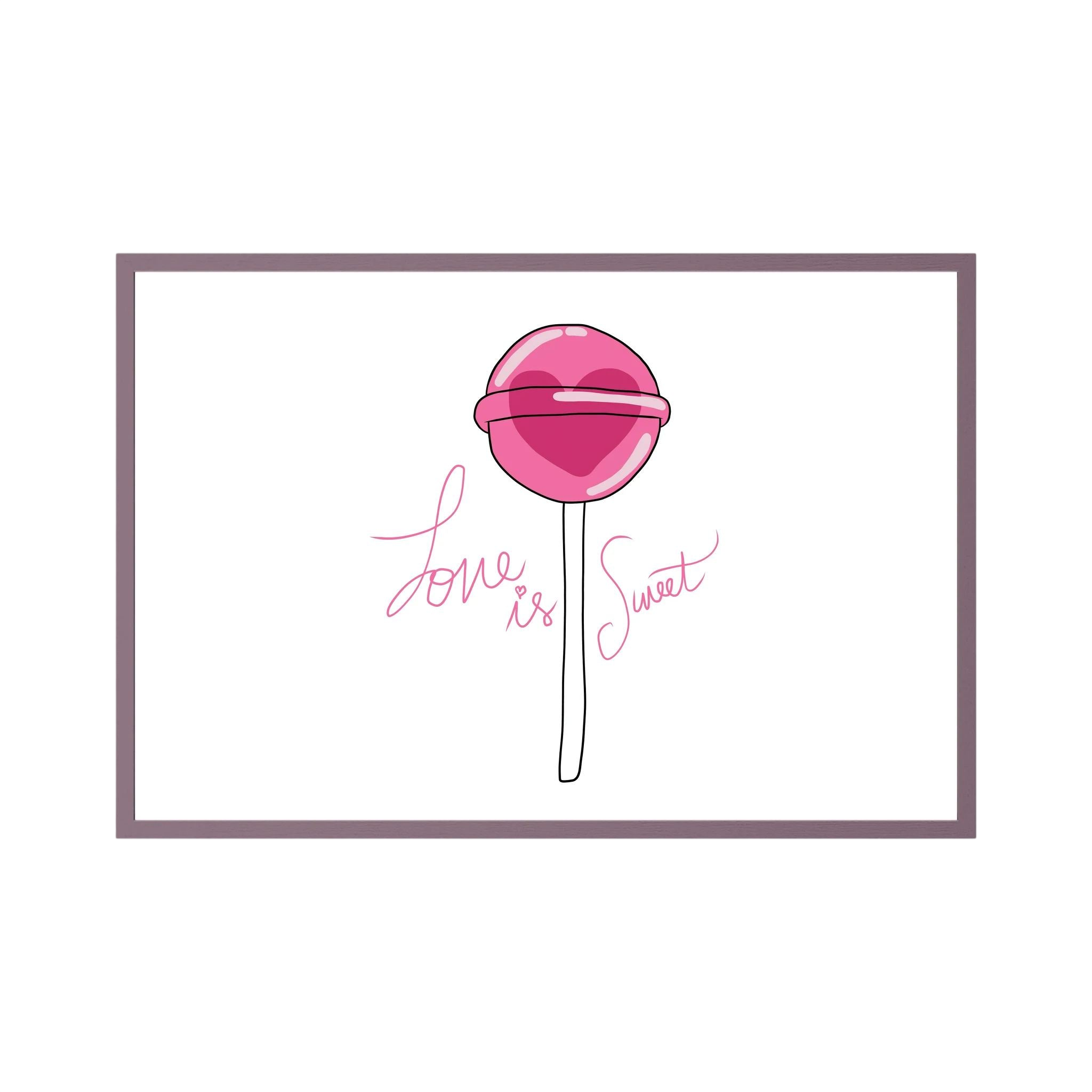 Pink heart-centred lollipop accompanies delicate script reading love is sweet on white, shown in product view 5.