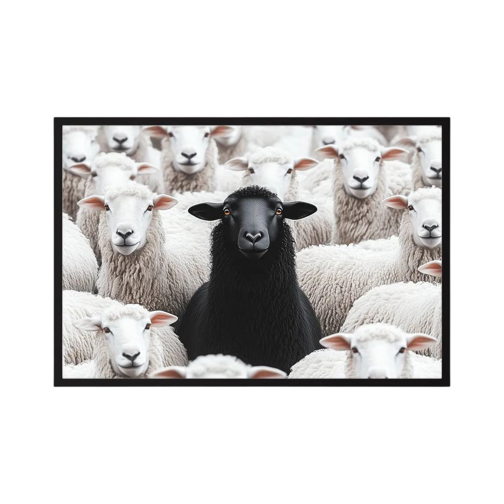 Single black sheep stands centred among a tightly packed flock of white sheep, shown in product view 4.