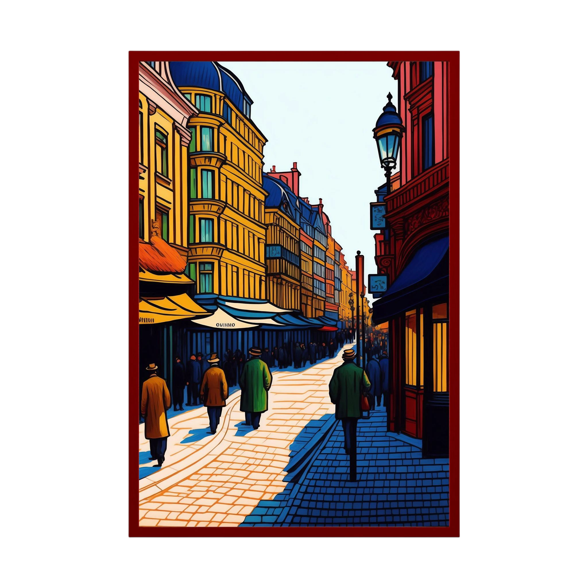 Colourful illustrated European street with warm buildings, blue shadows and pedestrians.