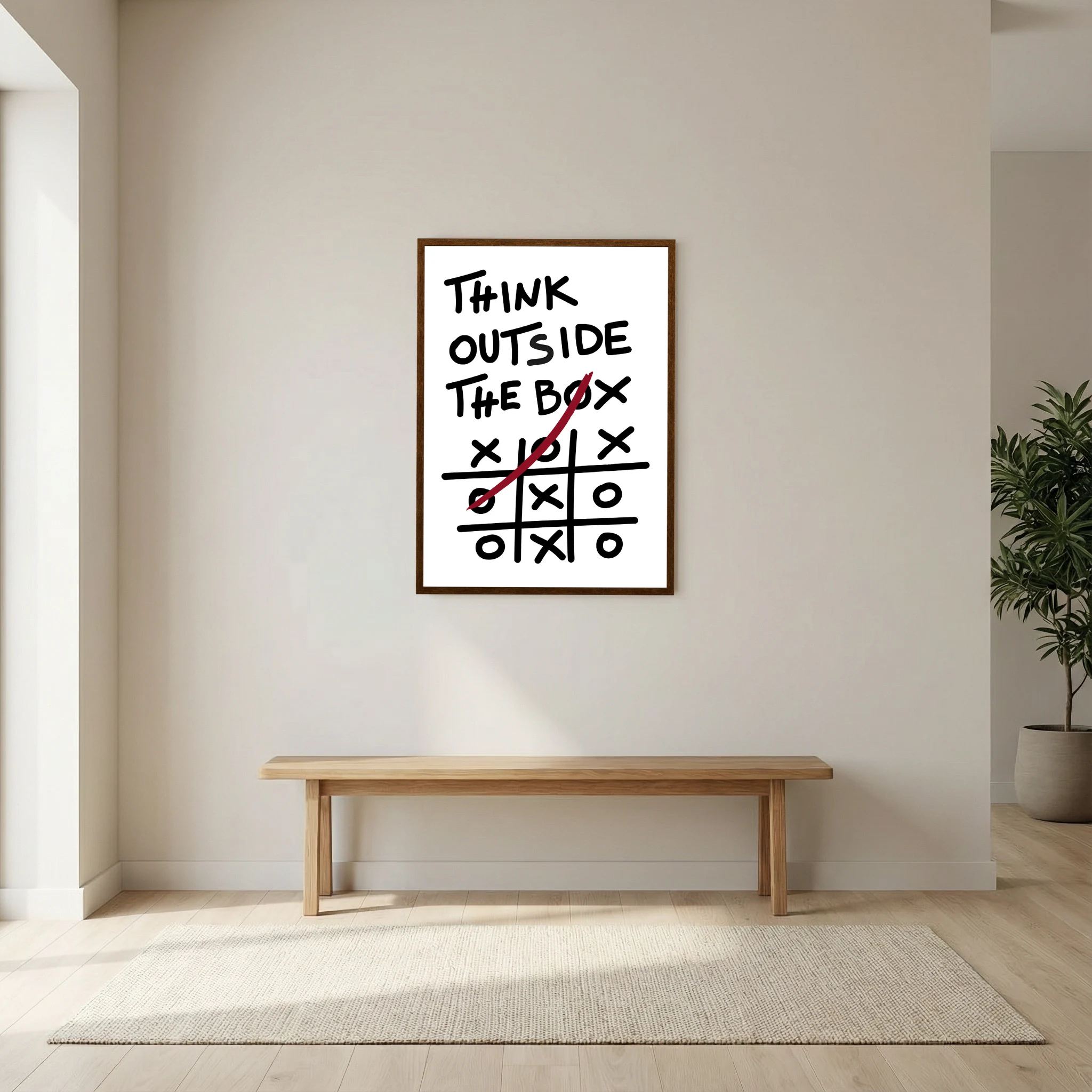 Hand-drawn think outside the box quote above a noughts-and-crosses grid with a red winning line, shown in product view 6.