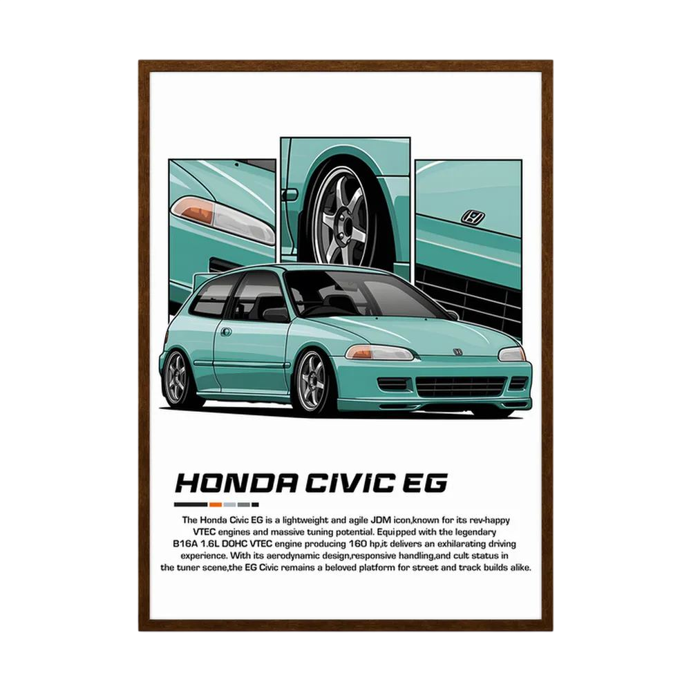 Mint green Honda Civic EG illustration with close-up wheel, headlight and body panels.