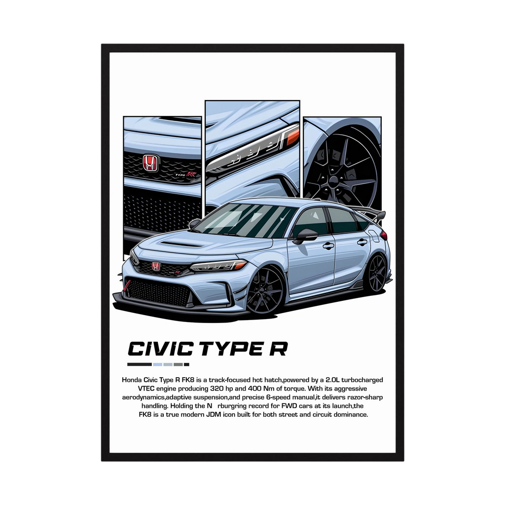 Blue Honda Civic Type R illustration with close-up panels of the grille, bodywork and wheel.