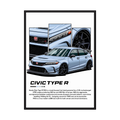 Blue Honda Civic Type R illustration with close-up panels of the grille, bodywork and wheel.