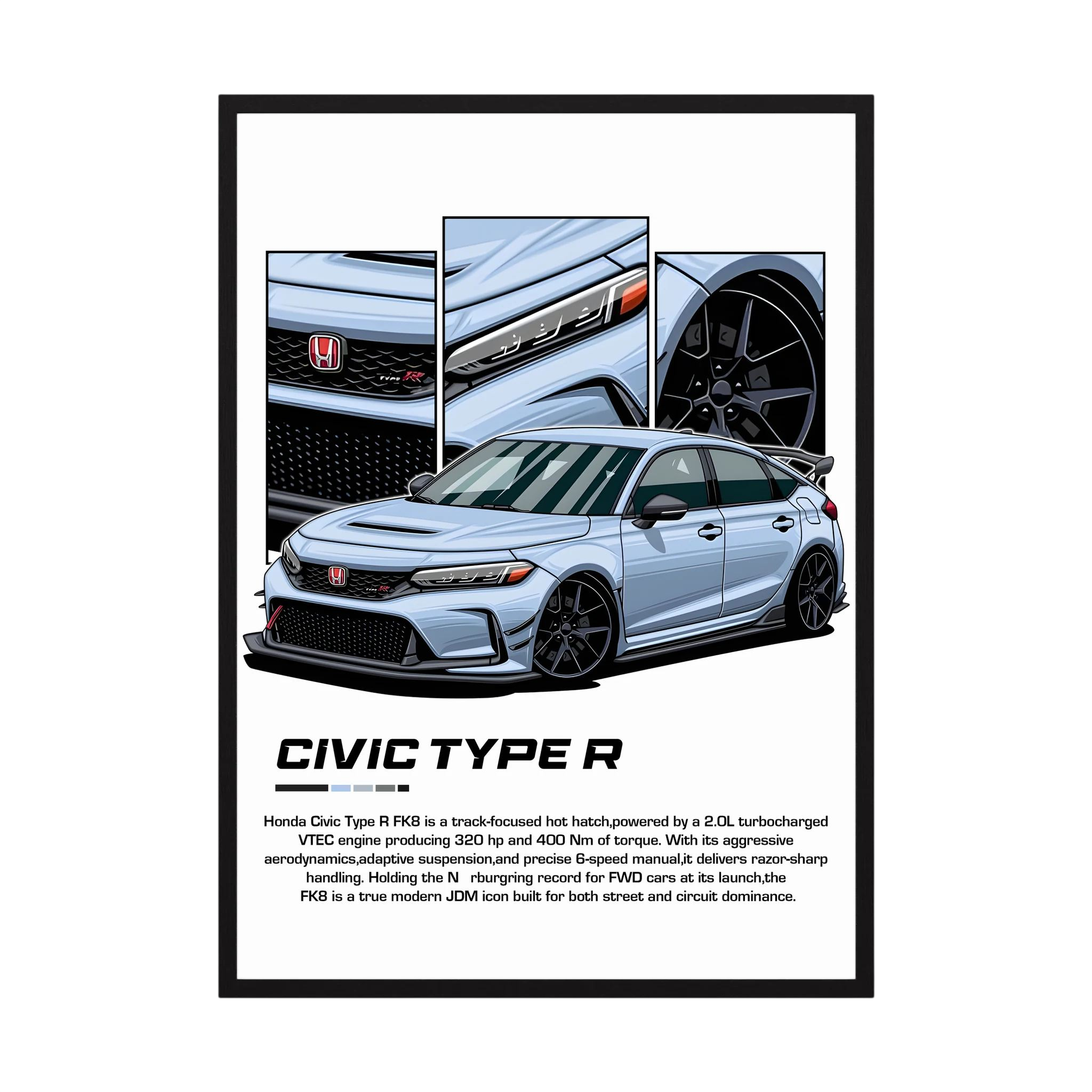Blue Honda Civic Type R illustration with close-up panels of the grille, bodywork and wheel.
