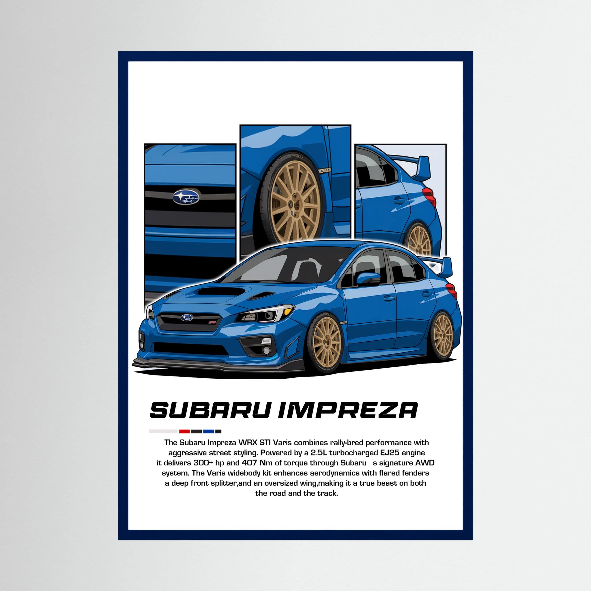 Blue Subaru Impreza illustration with gold wheels and close-up body panels.