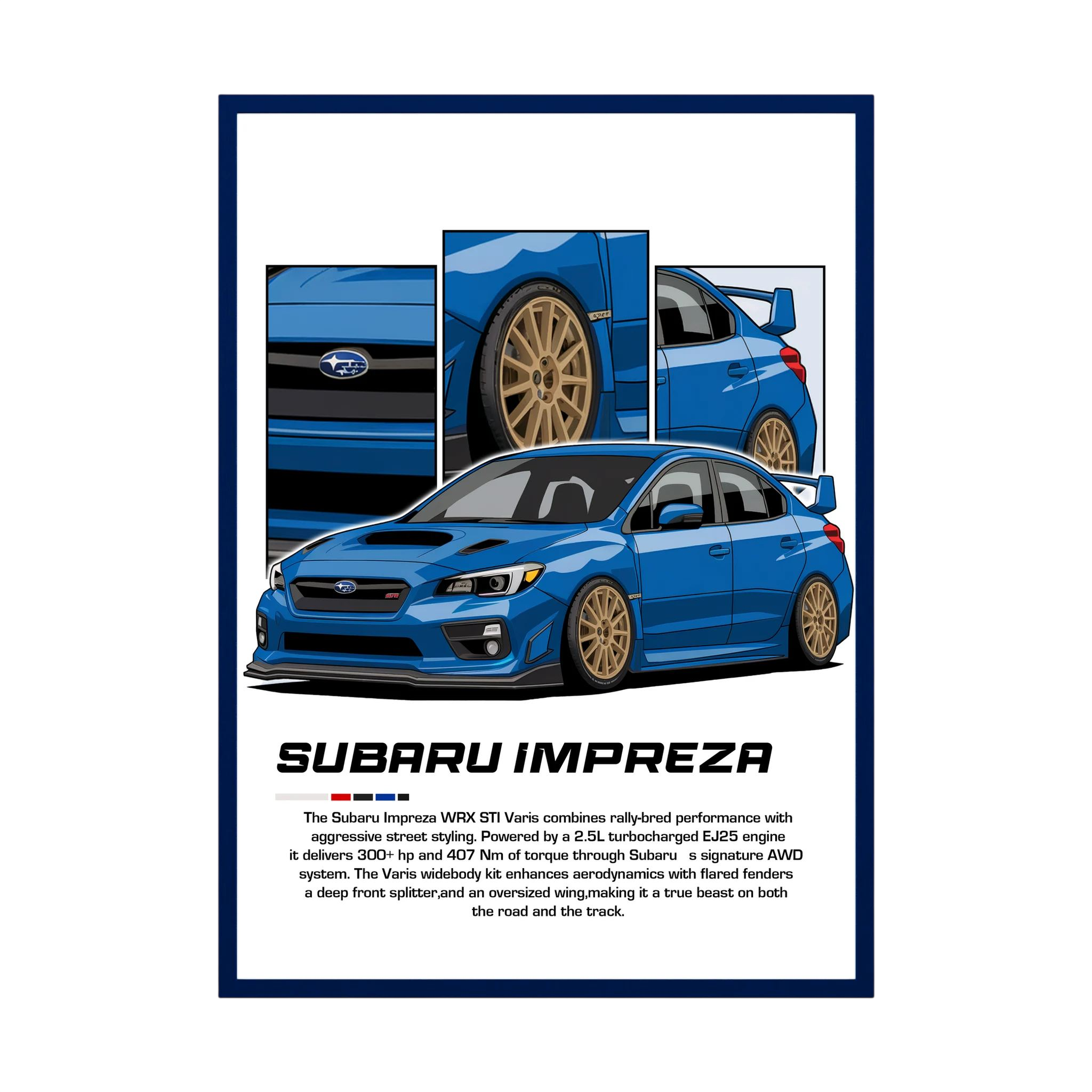 Blue Subaru Impreza illustration with gold wheels and close-up body panels.