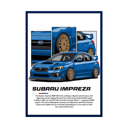 Blue Subaru Impreza illustration with gold wheels and close-up body panels.