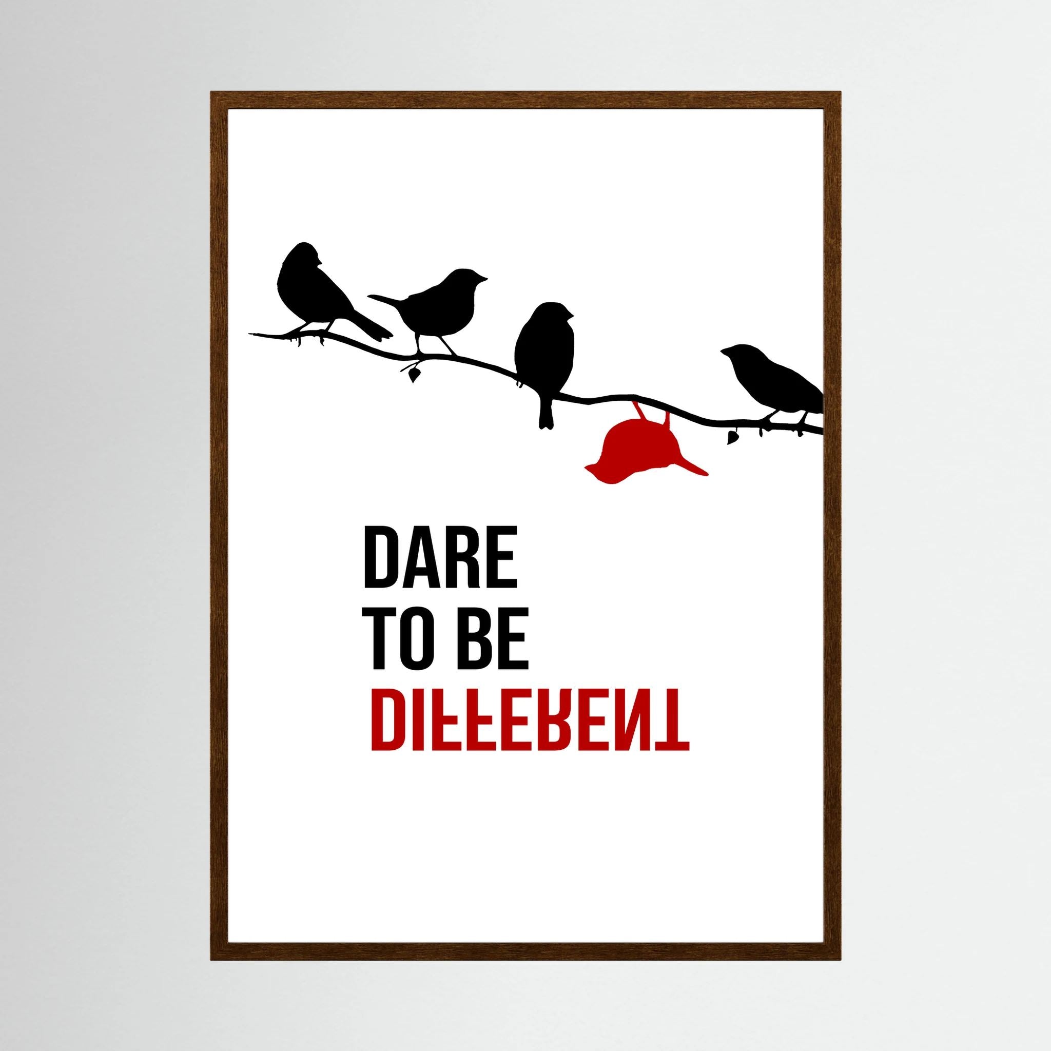 Black birds sit on a branch above dare to be different typography, with one red bird hanging apart, shown in product view 3.
