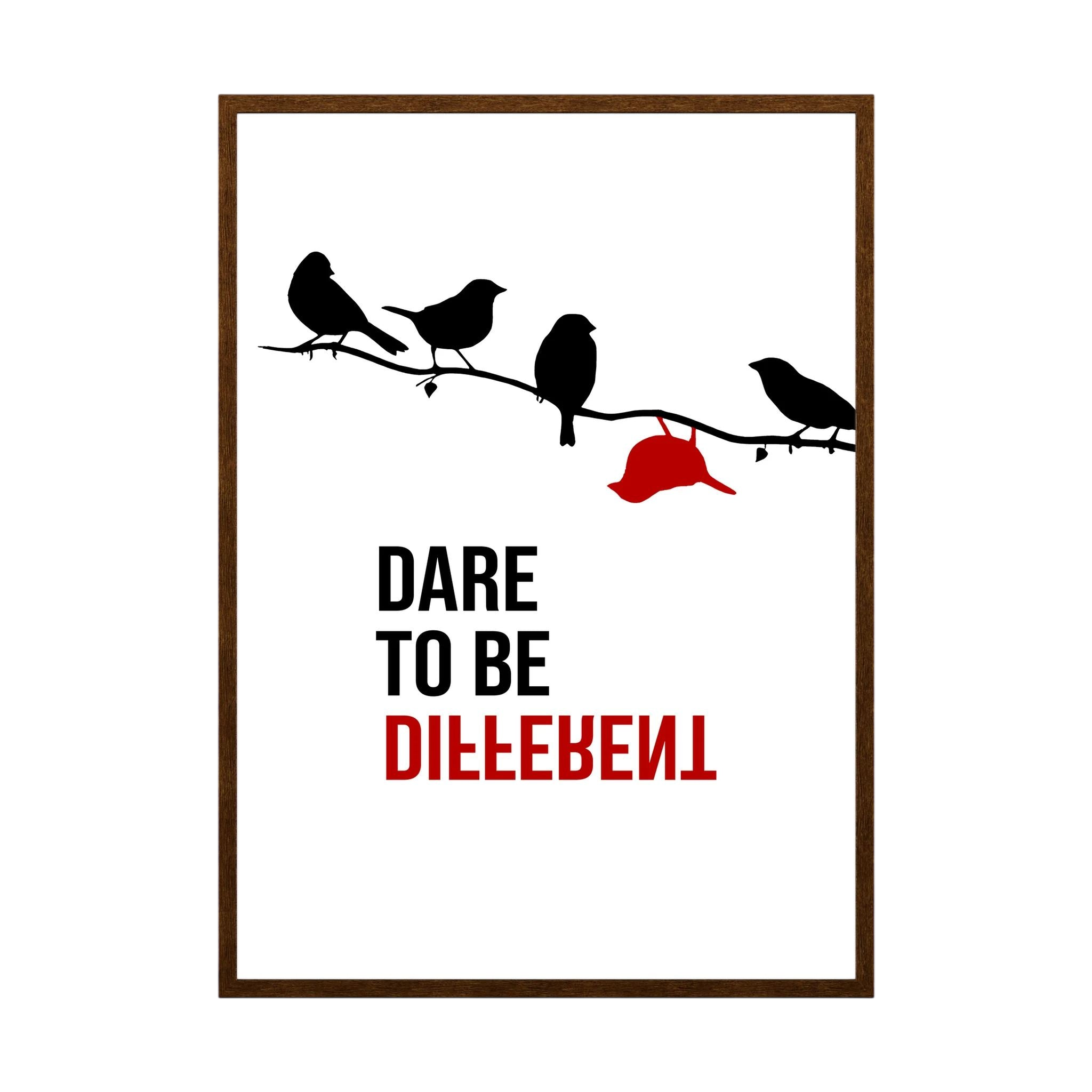 Black birds sit on a branch above dare to be different typography, with one red bird hanging apart, shown in product view 3.