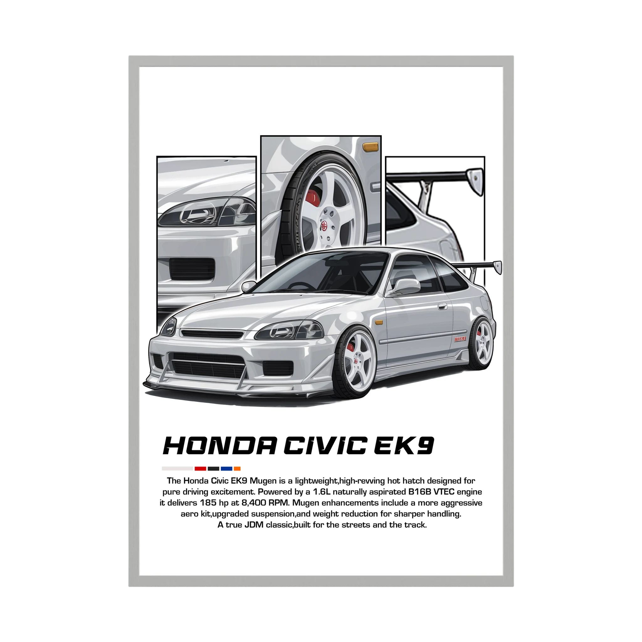 Silver Honda Civic EK9 illustration with white wheels, rear wing and close-up panels.