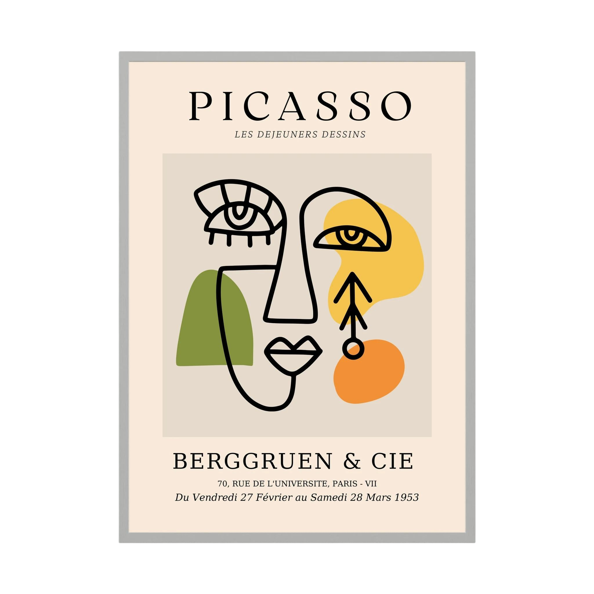 Abstract cubist face drawn in black with green, yellow and orange blocks on a neutral exhibition-style poster, shown in product view 3.