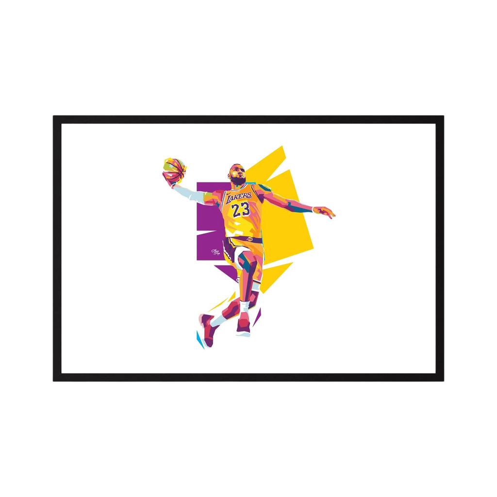 Stylised LeBron James in yellow and purple rises with a basketball against angular colour blocks on white, shown in product view 5.