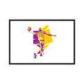 Stylised LeBron James in yellow and purple rises with a basketball against angular colour blocks on white, shown in product view 5.