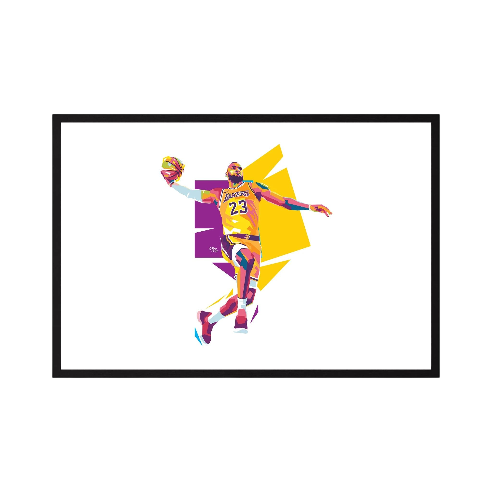 Stylised LeBron James in yellow and purple rises with a basketball against angular colour blocks on white, shown in product view 5.