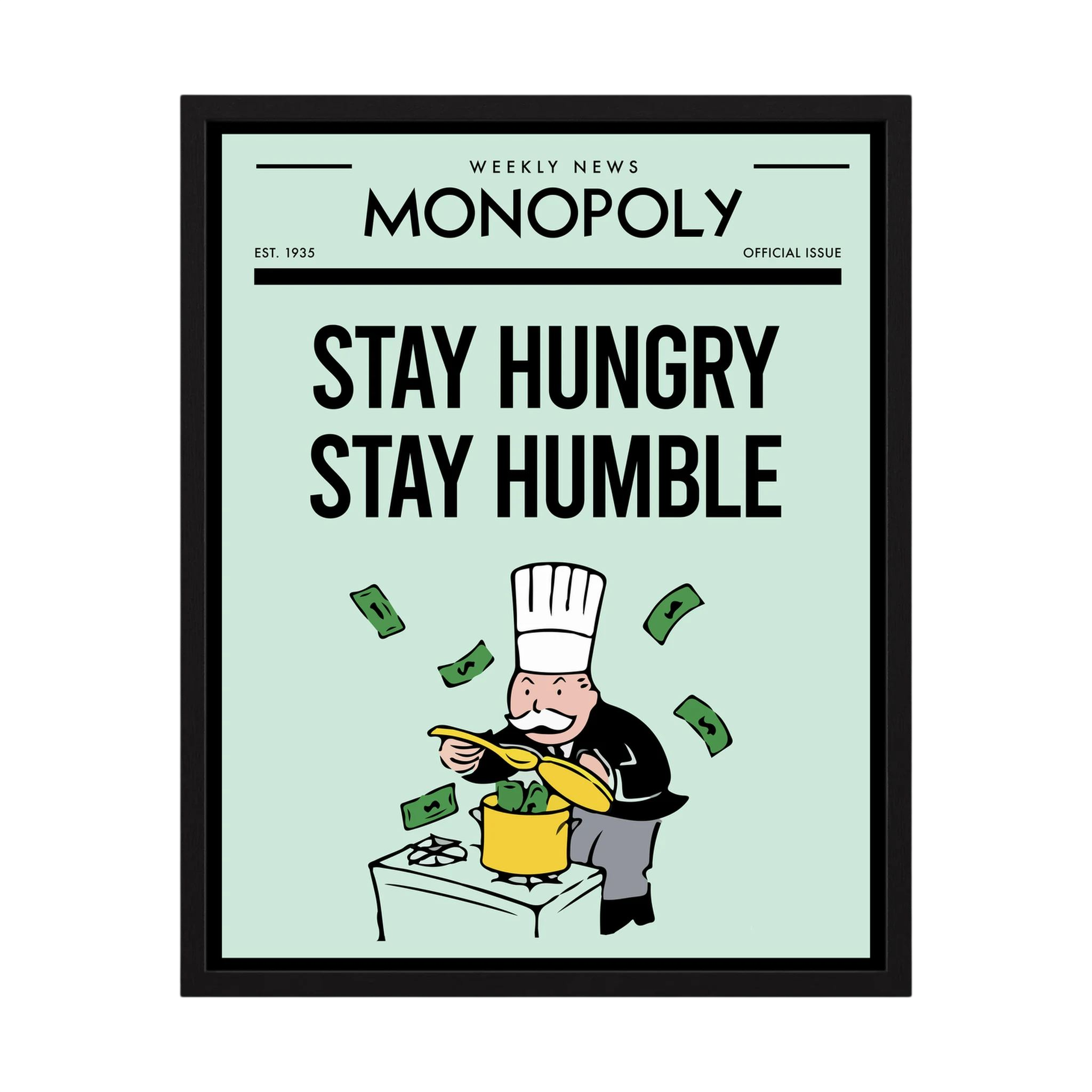 Retro poster reading stay hungry stay humble with a cartoon chef, cooking pot and floating banknotes, shown in product view 4.