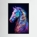 Neon blue, pink and violet horse portrait against a dark background.