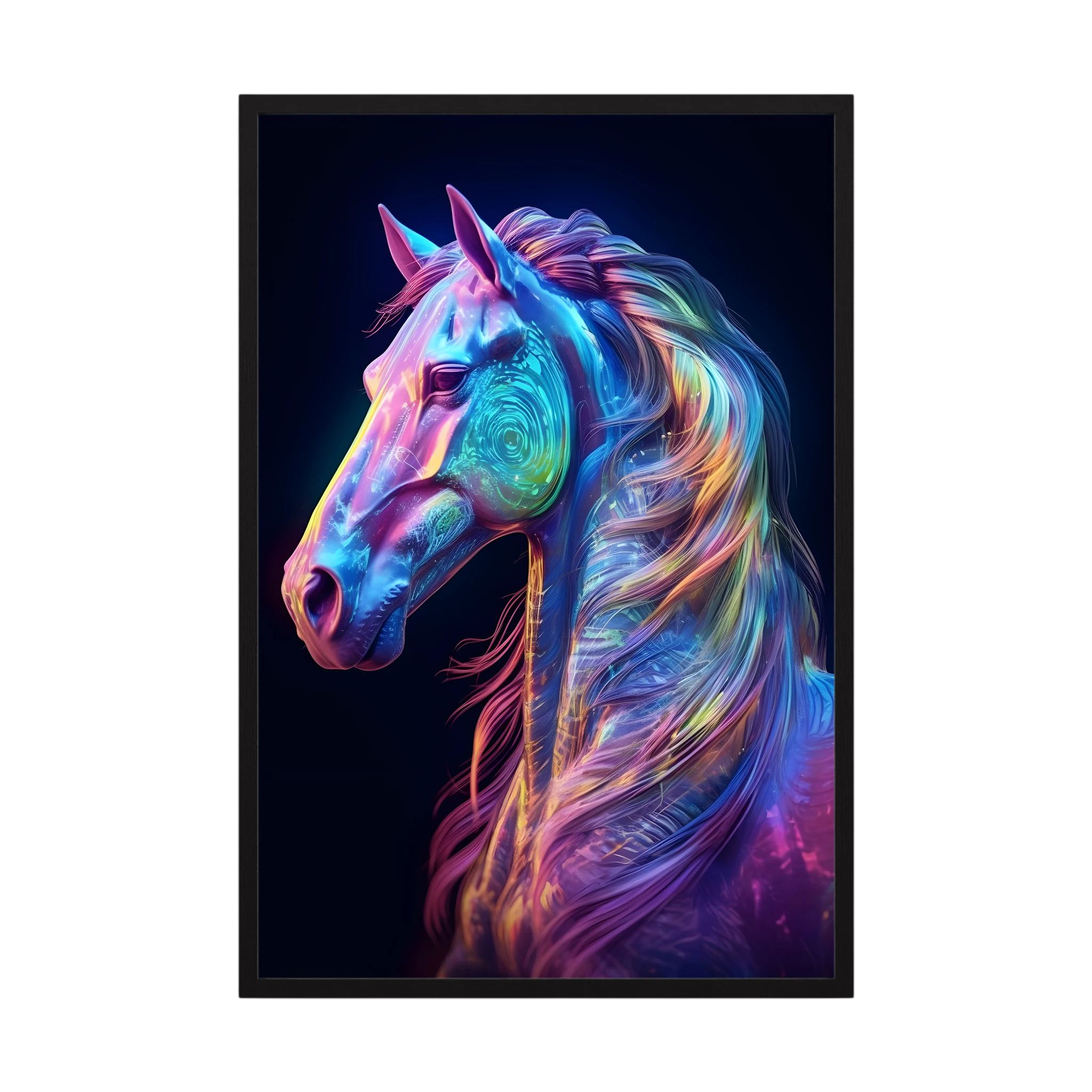 Neon blue, pink and violet horse portrait against a dark background.