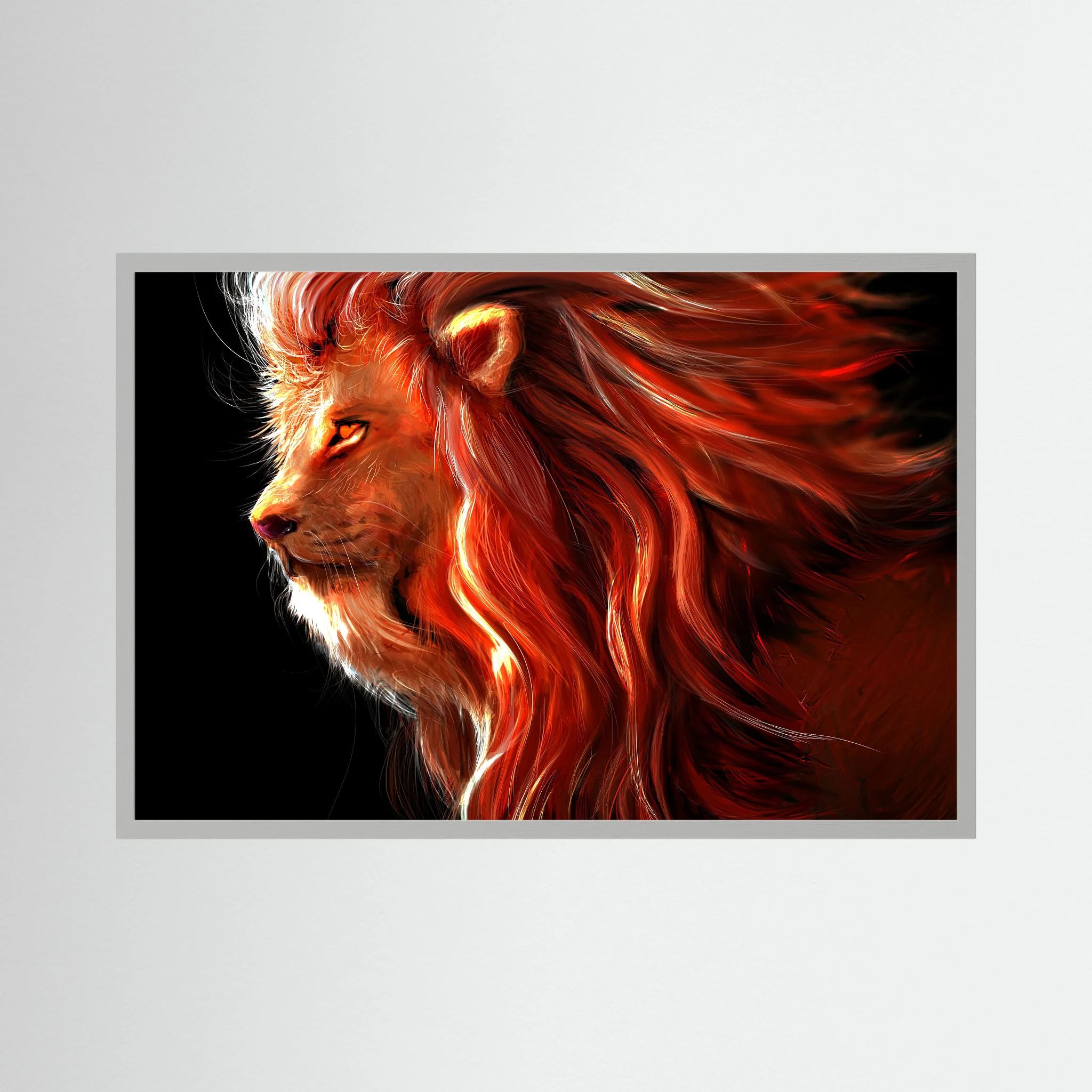 Fiery red and orange lion profile with a flowing illuminated mane on black.